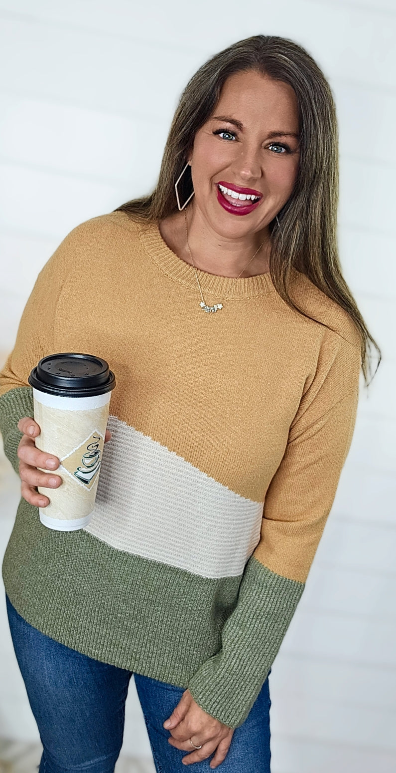 GOLDEN/IVORY/SAGE COLORBLOCK CONTRAST SWEATER