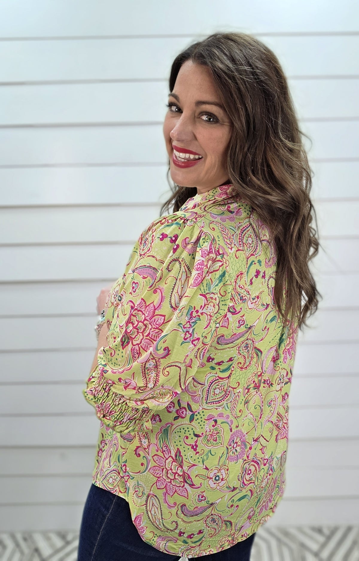 DEAR SCARLETT SMOCKED TOP - GREEN/PINK PRINTED