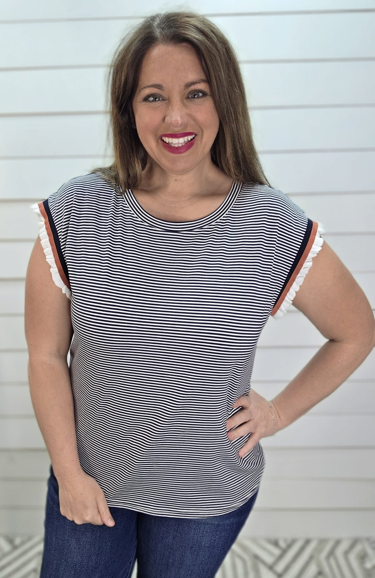 NAVY PINSTRIPED KNIT TOP W/  COLORBLOCK SLEEVES
