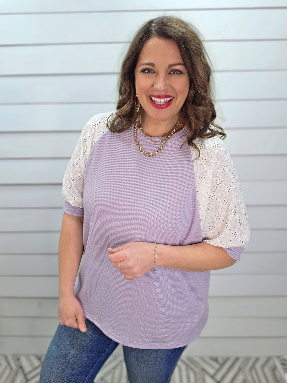 LAVENDER WAFFLE TEXTURE KNIT TOP W/ CROCHET LACE SHORT SLEEVES