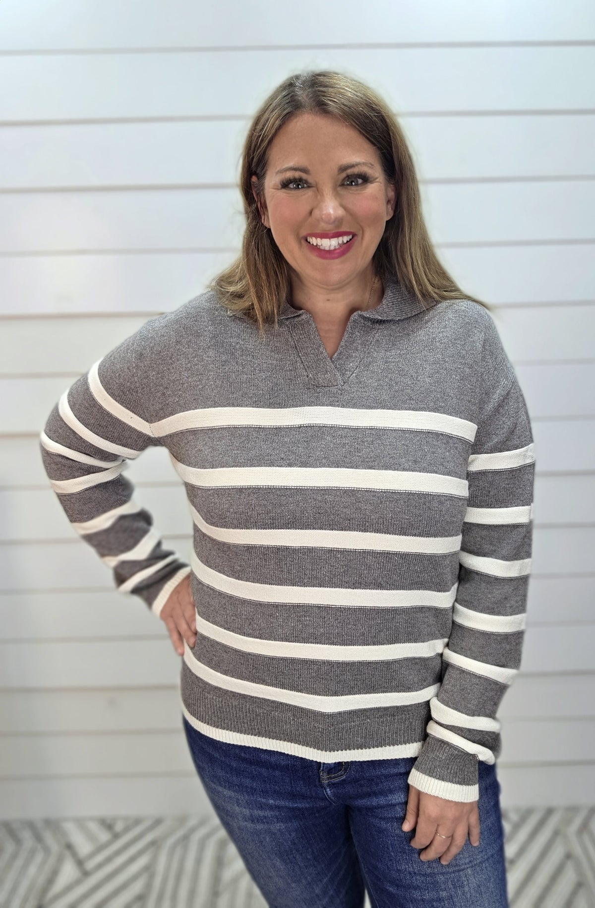 HEATHER GREY Split V-Neck Polo Neckline Striped Sweater Top