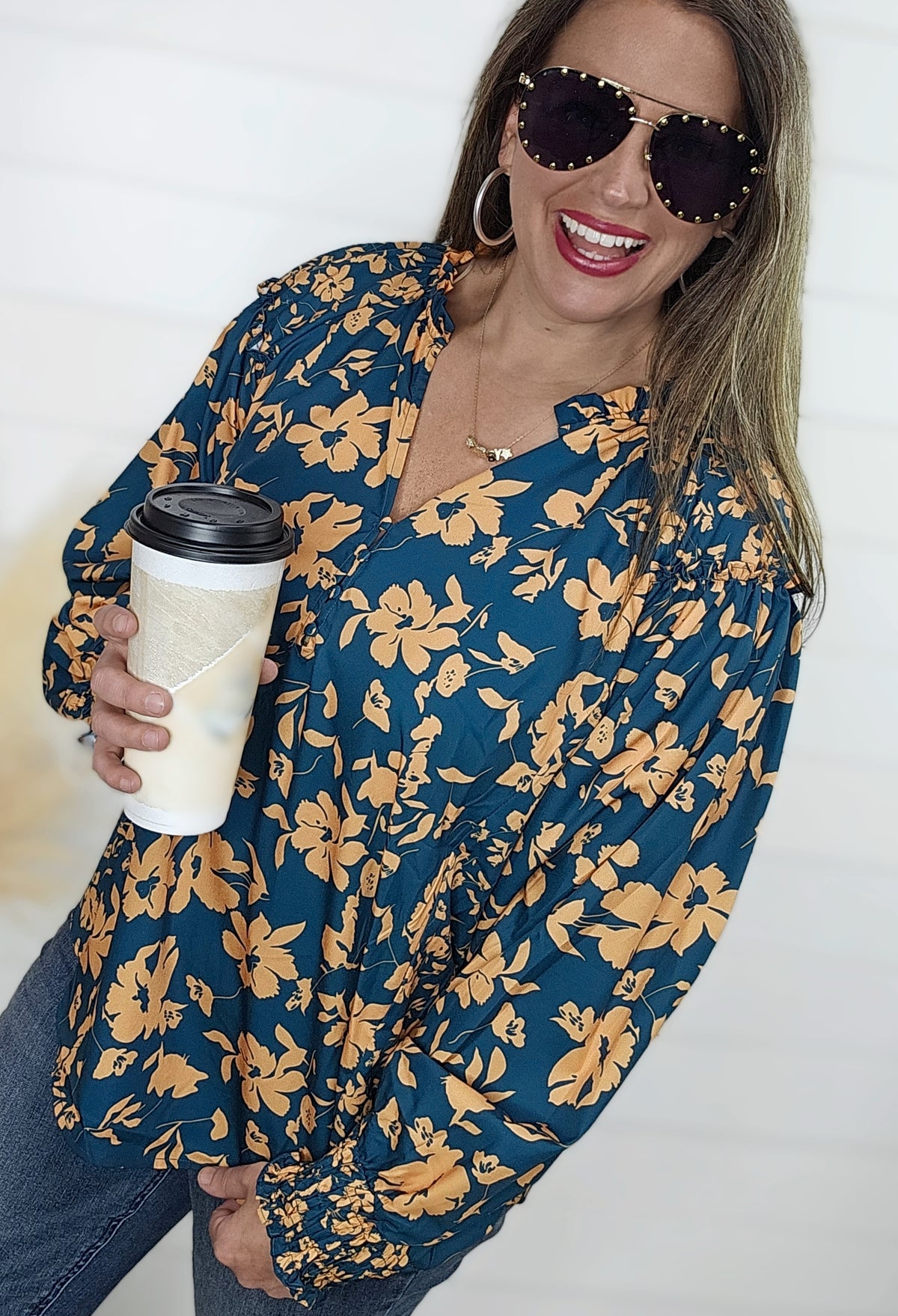 TEAL /ORANGE FLORAL BUTTON BLOUSE