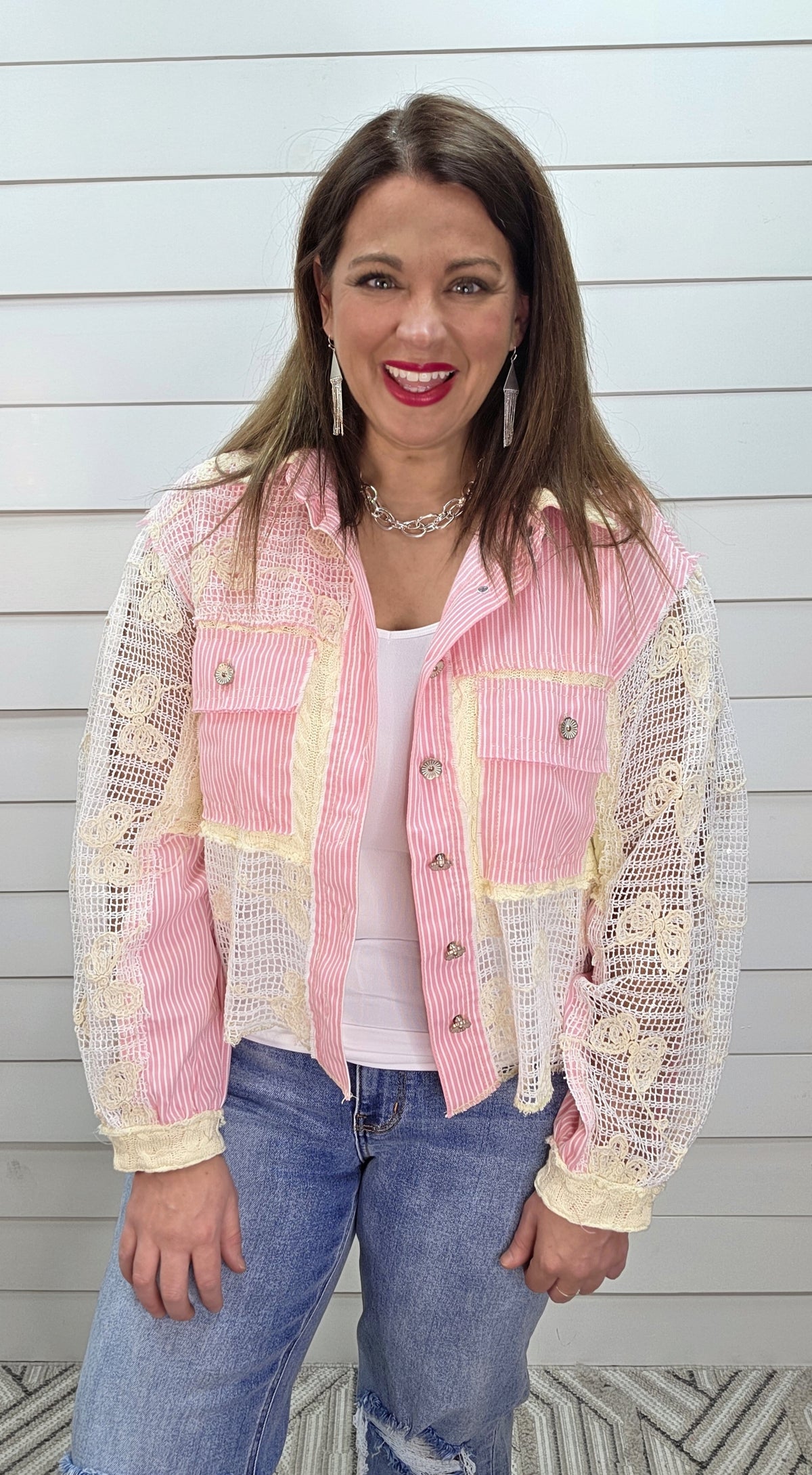 POL PINK PINSTRIPED/LACE BUTTON DOWN JACKET