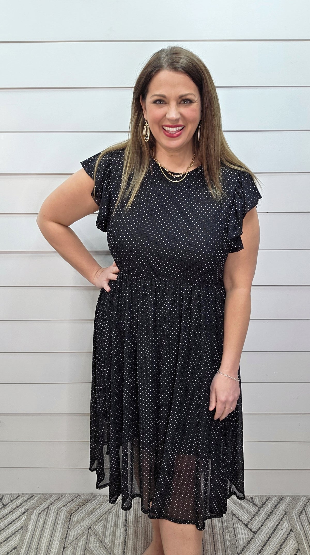 BLACK POLKA DOT MESH OVERLAY DRESS