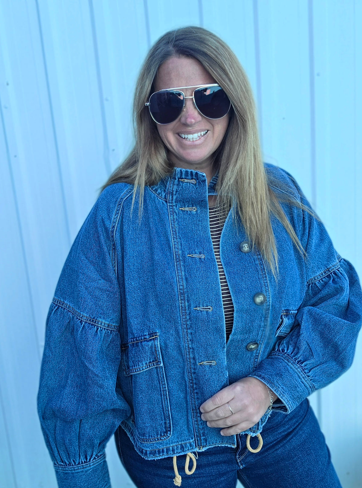 Medium Blue Balloon Sleeve Denim Jacket