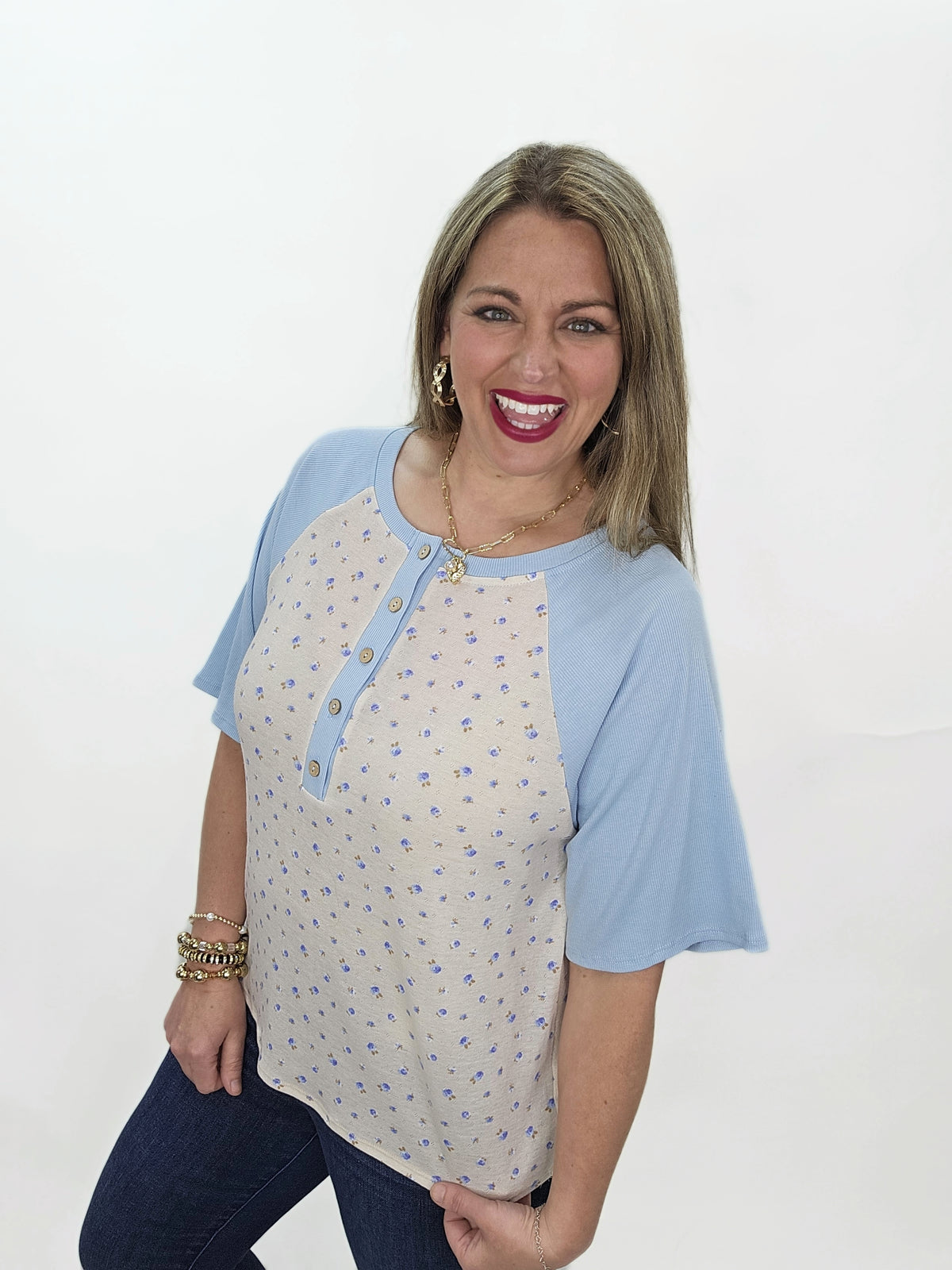 TAUPE/BLUE FLORAL BASEBALL KNIT HENLEY TOP - FINAL SALE