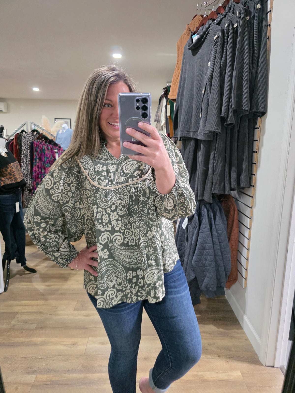 OLIVE/TAUPE TEXTURED PRINTED BLOUSE