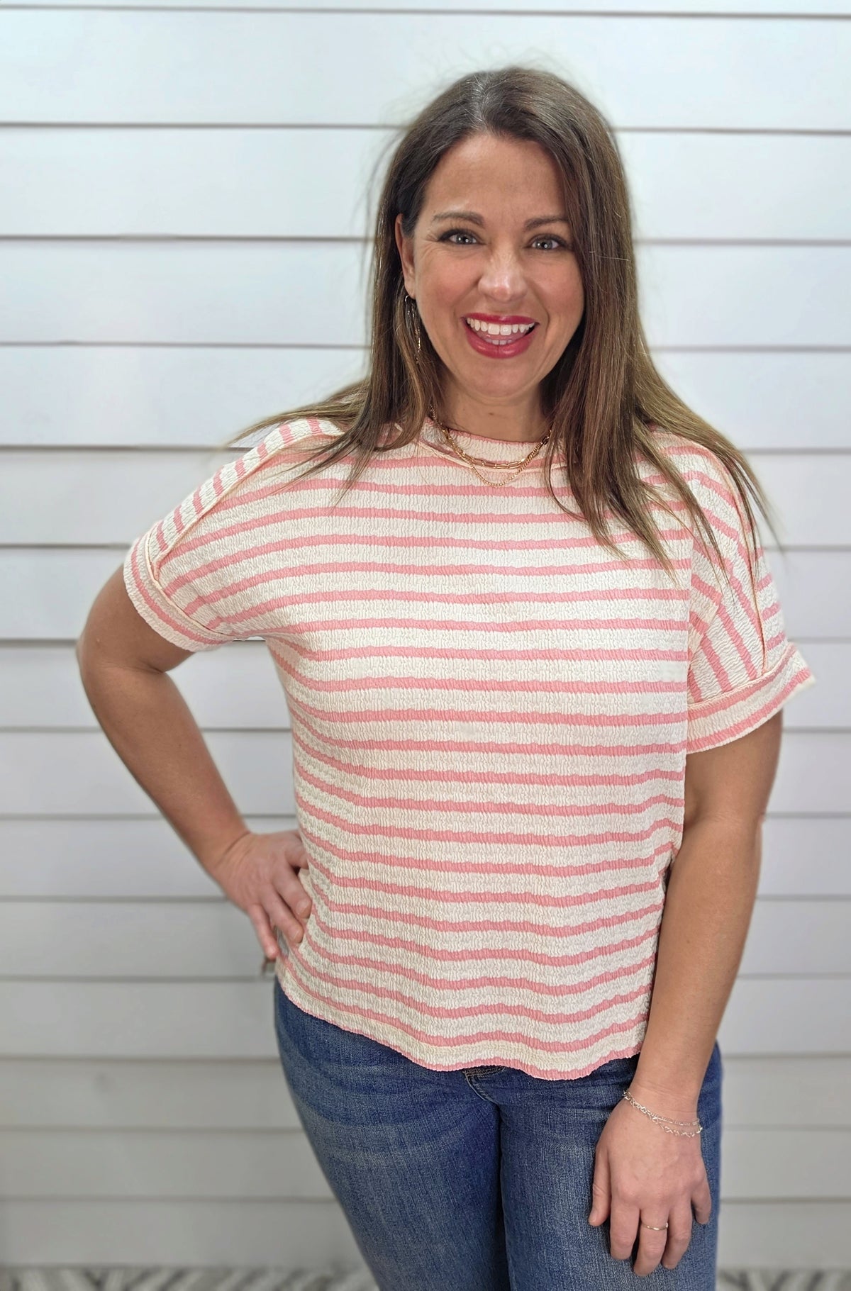 PINK TEXTURED LOOSE FIT KNIT TOP