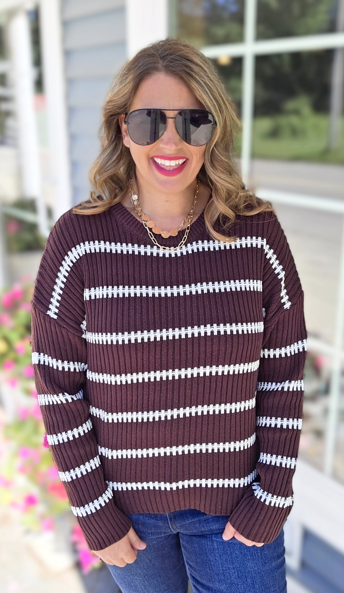 BROWN RIBBED STRIPED SWEATER