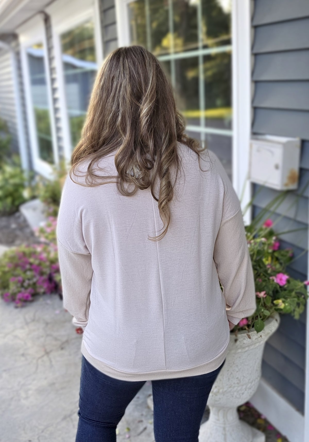 BEIGE FABRIC CONTRAST KNIT TOP