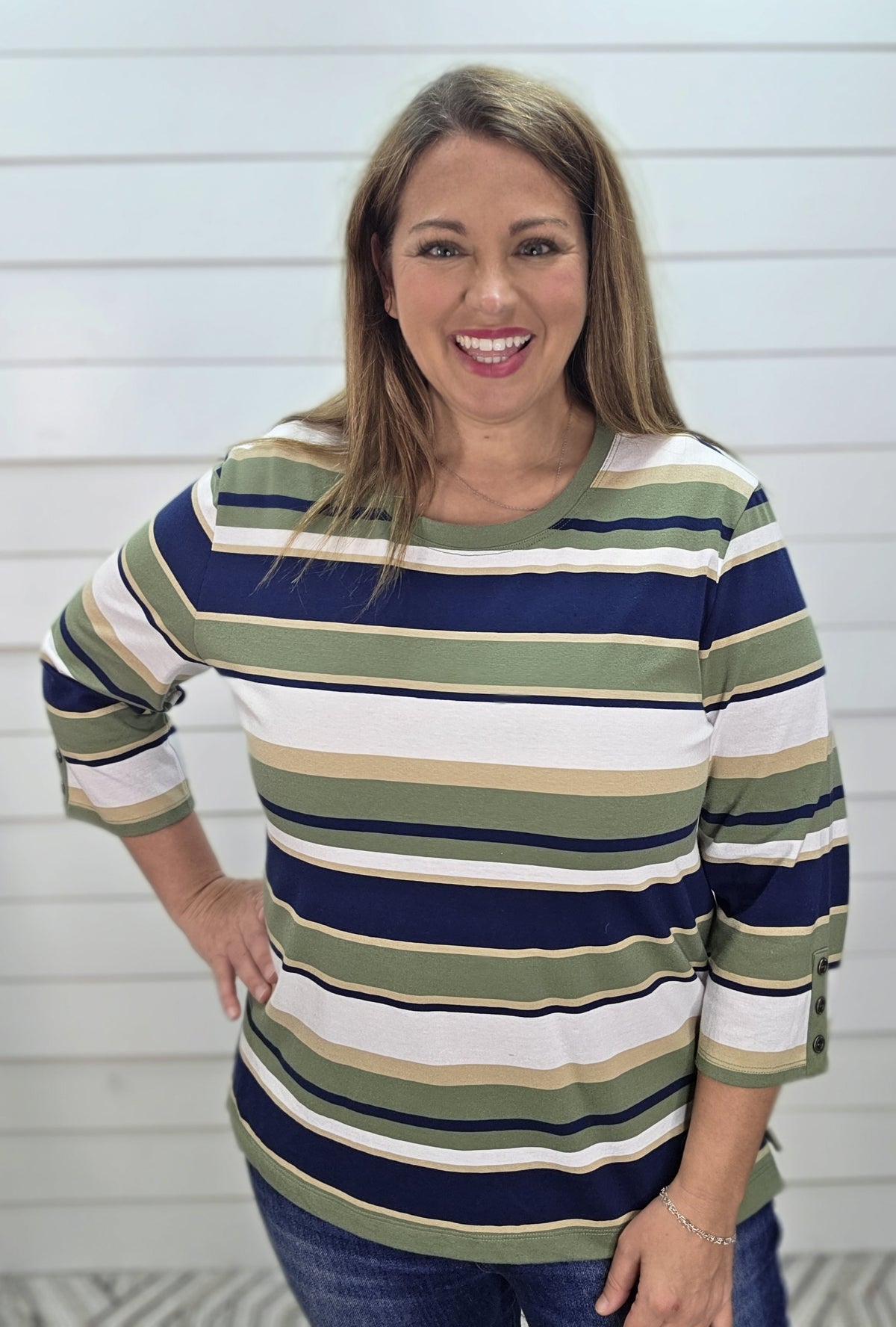 OLIVE/NAVY STRIPED 3/4 SLEEVE KNIT TOP