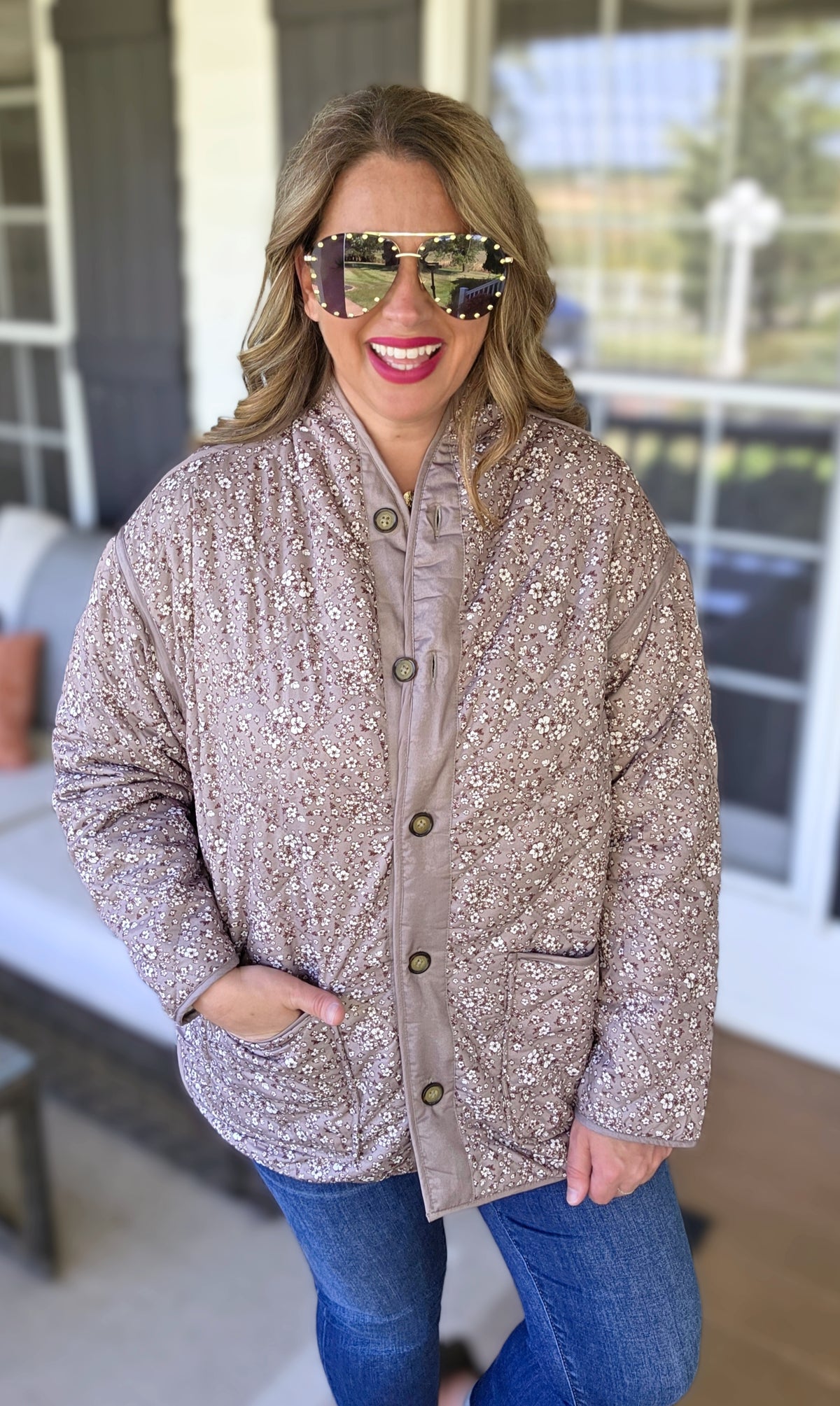 KARENT HART TAUPE REVERSIBLE FLORAL/KHAKI QUILTED JACKET