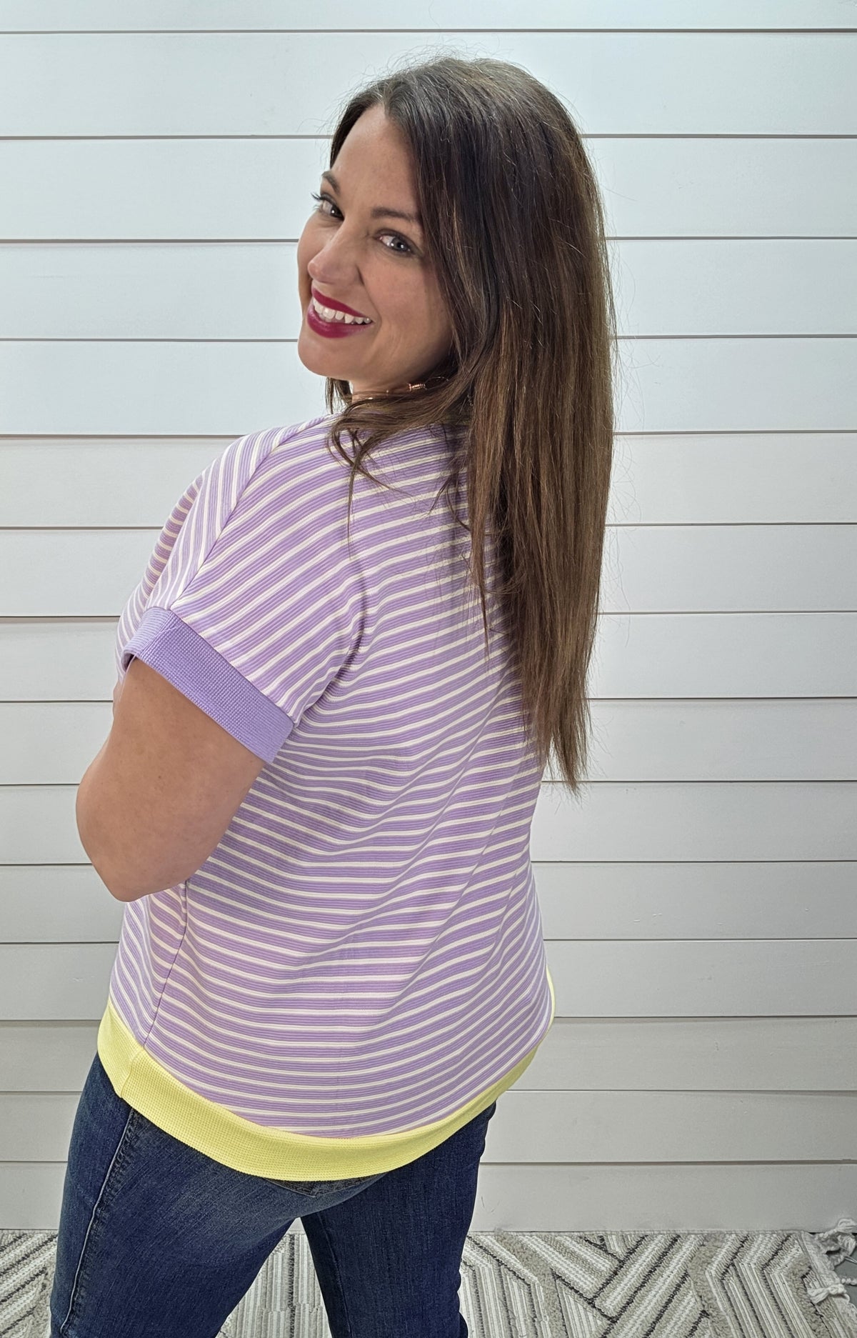 PURPLE STRIPED KNT TOP W/ YELLOW TRIM