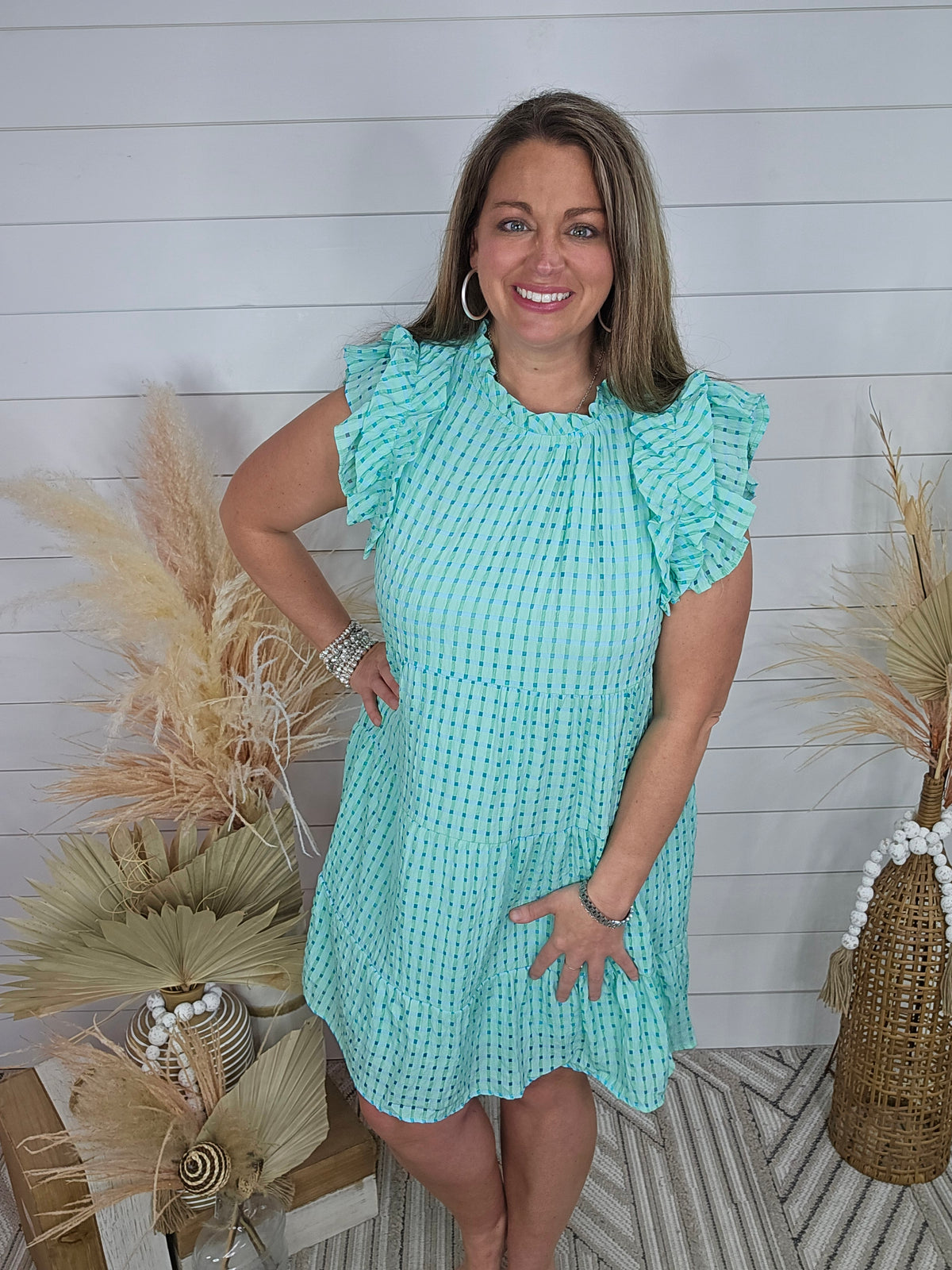 GREEN CHECK TEXTURED TIERED DRESS