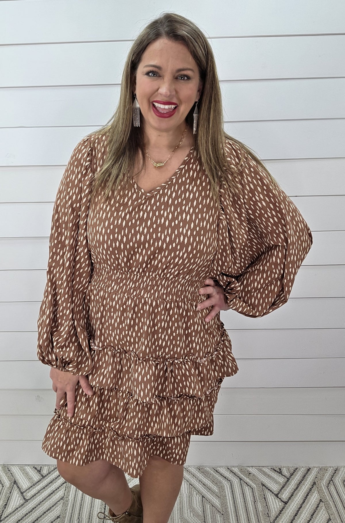 TERRACOTTA PRINTED ELASTIC WAIST RUFFLE TEIRED HEM DRESS