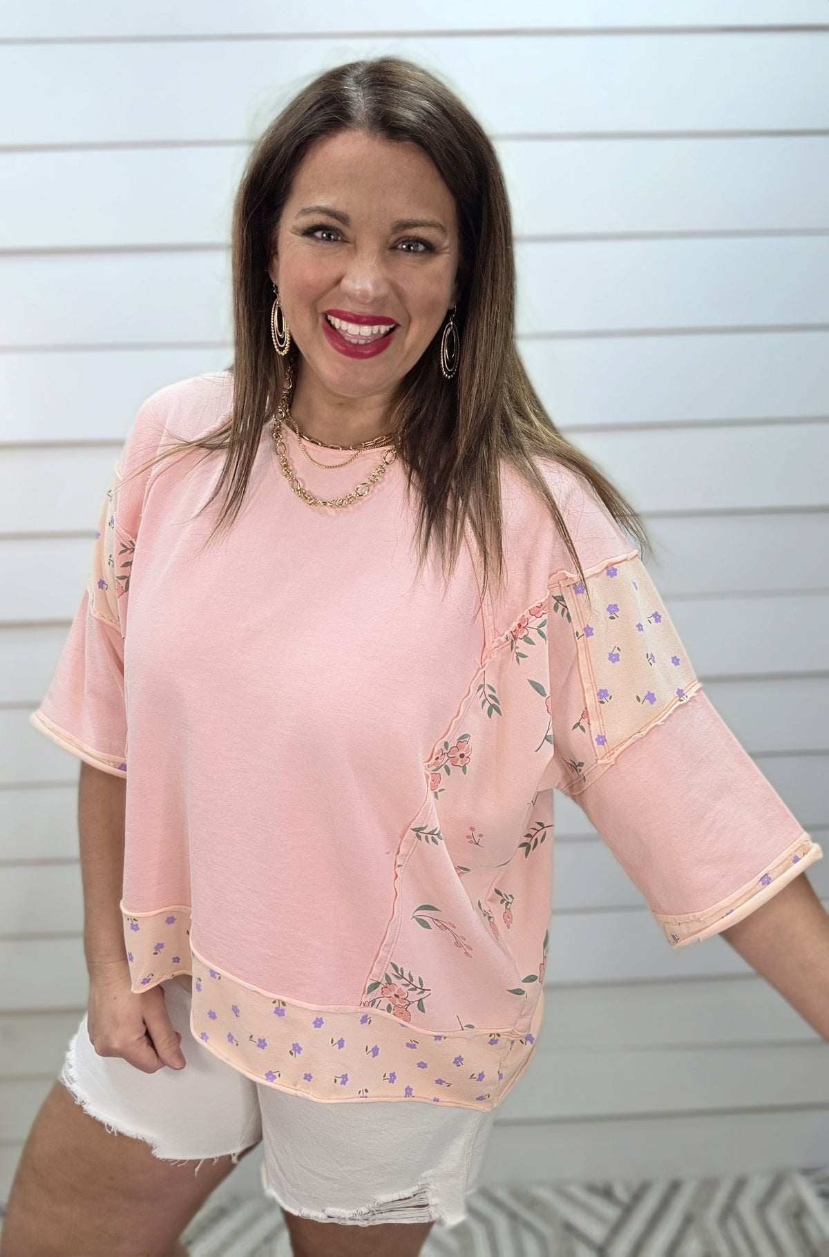 PINK 3/4 SLEEVE FLORAL CONTRAST FRENCH TERRY OVERSIZED TOP