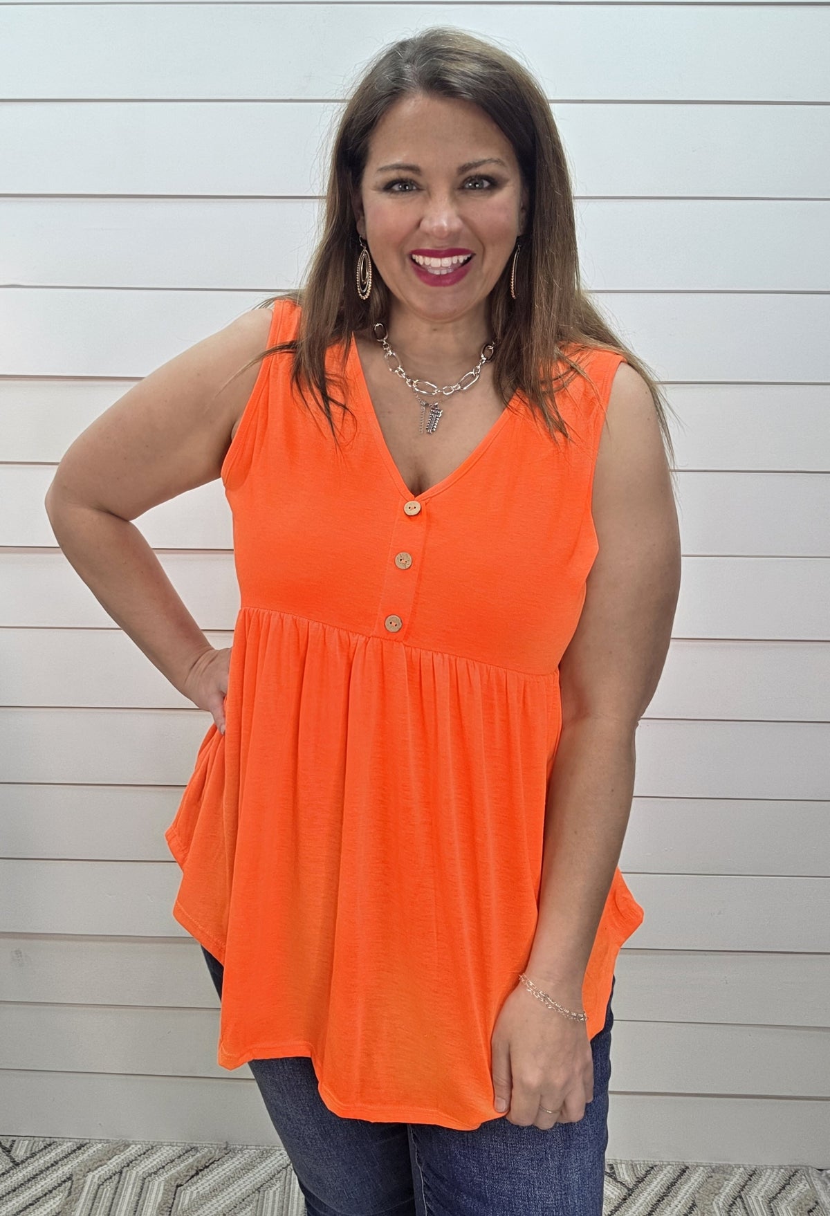 NEON ORANGE FAUX BUTTON BABYDOLL TANK