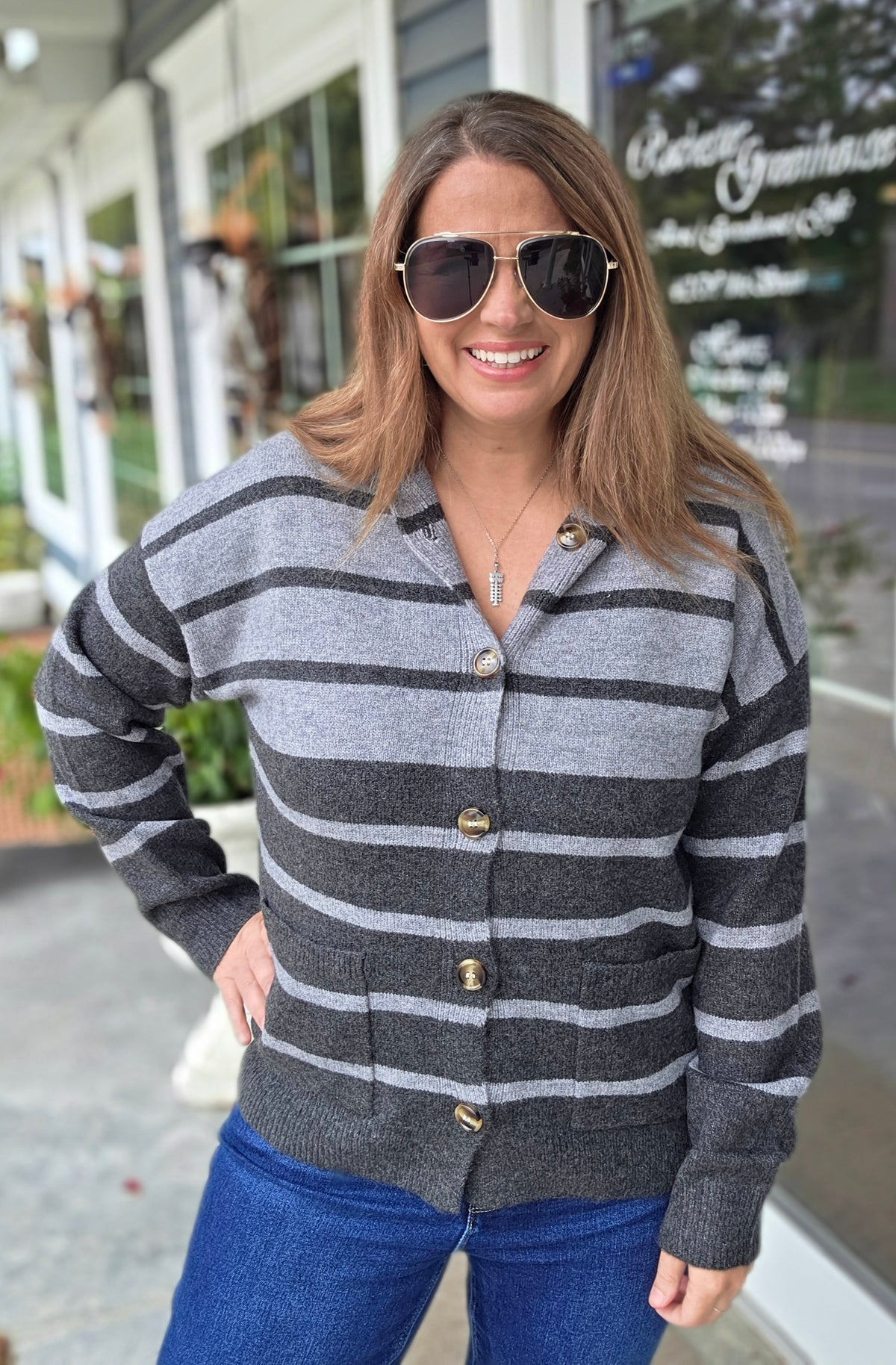 Charcoal Long Sleeve, Color Block Striped, Button Down Hoodie Sweater Cardigan With Pockets