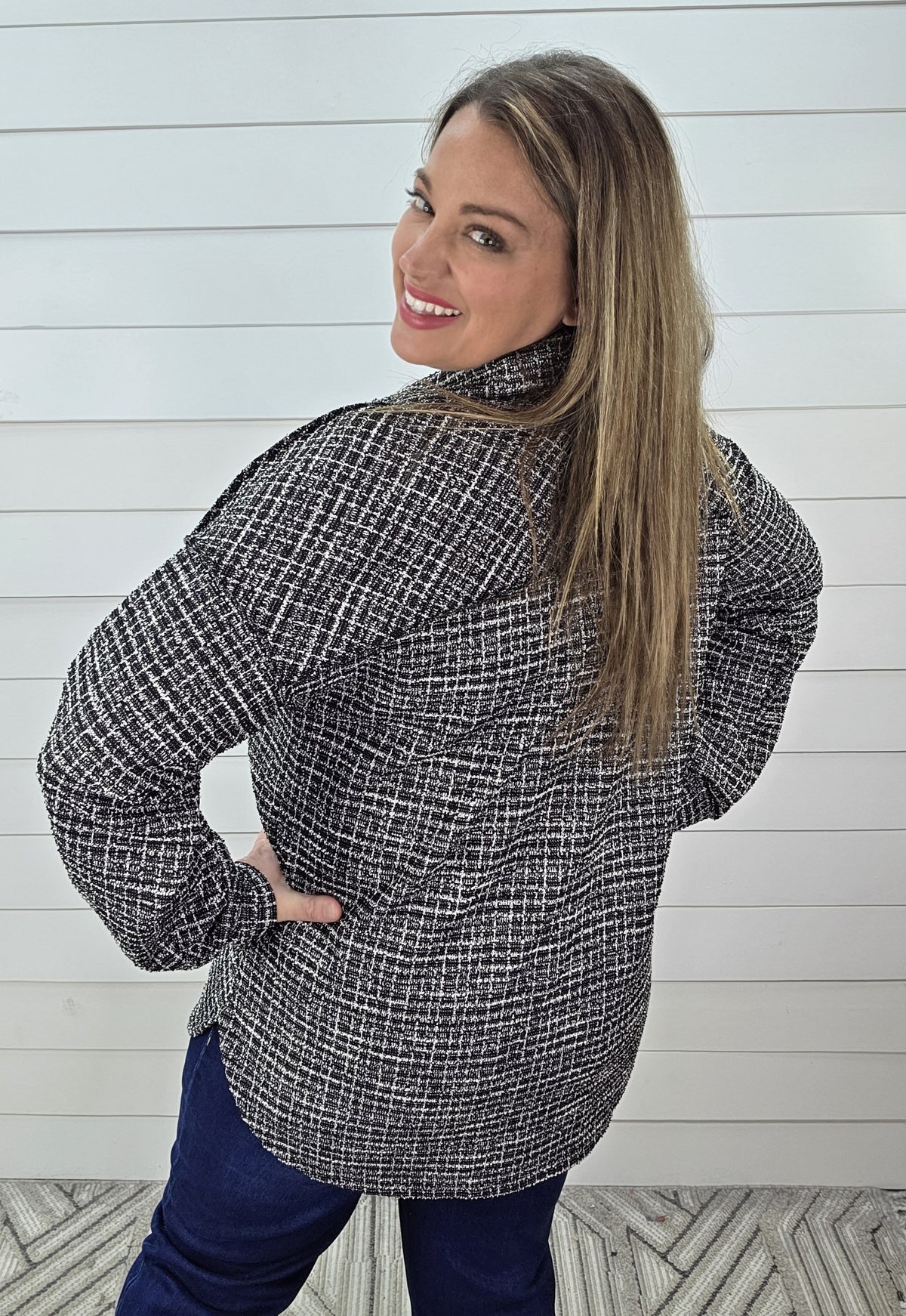 BLACK/CREAM GLITZ PLAID SOFT TWEED BUTTON DOWN