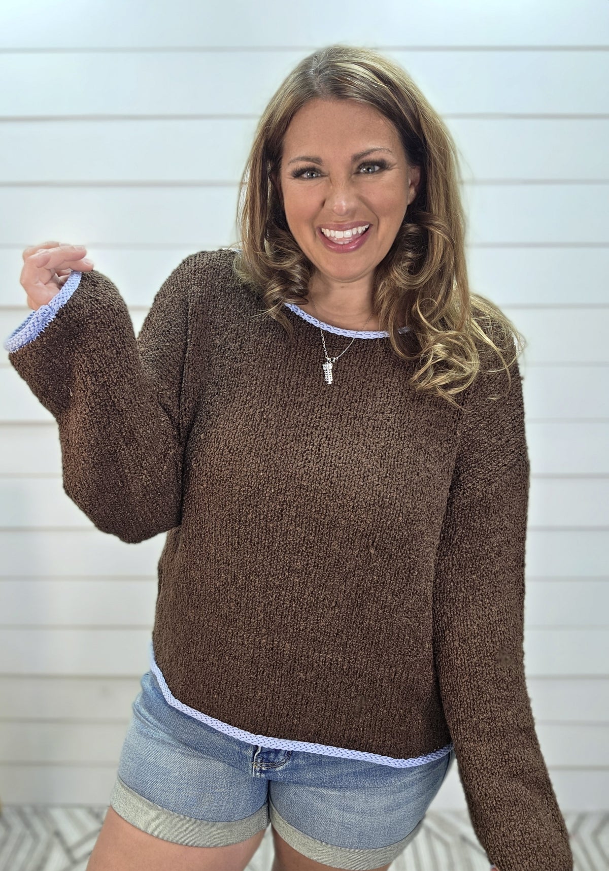 CHOCOLATE BROW/BLUE Contrast Trim Long Sleeve Knit Sweater
