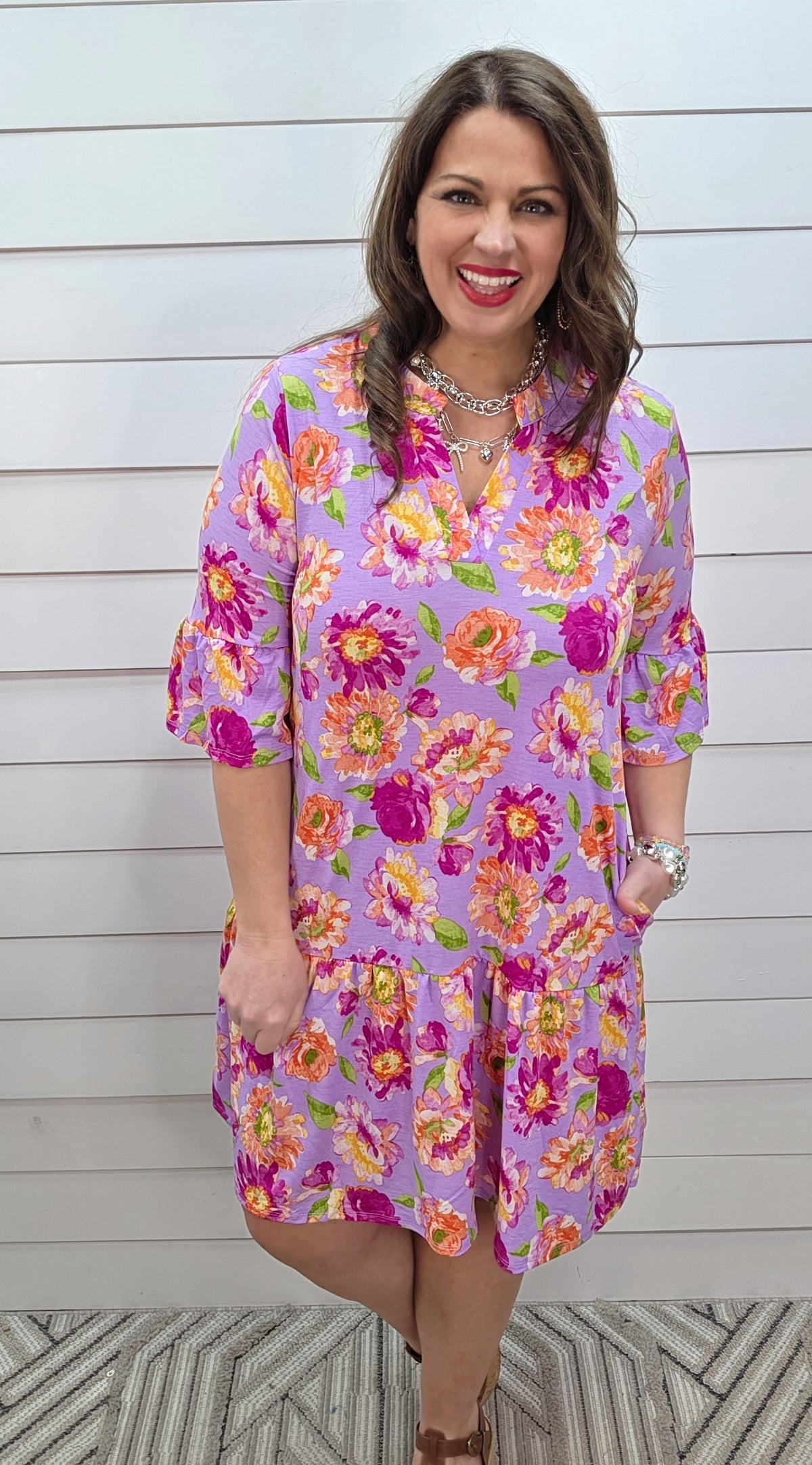 DEAR SCARLETT SUNDAY 3/4 SLEEVE RUFFLE DETAIL DRESS - ORCHID FLORAL