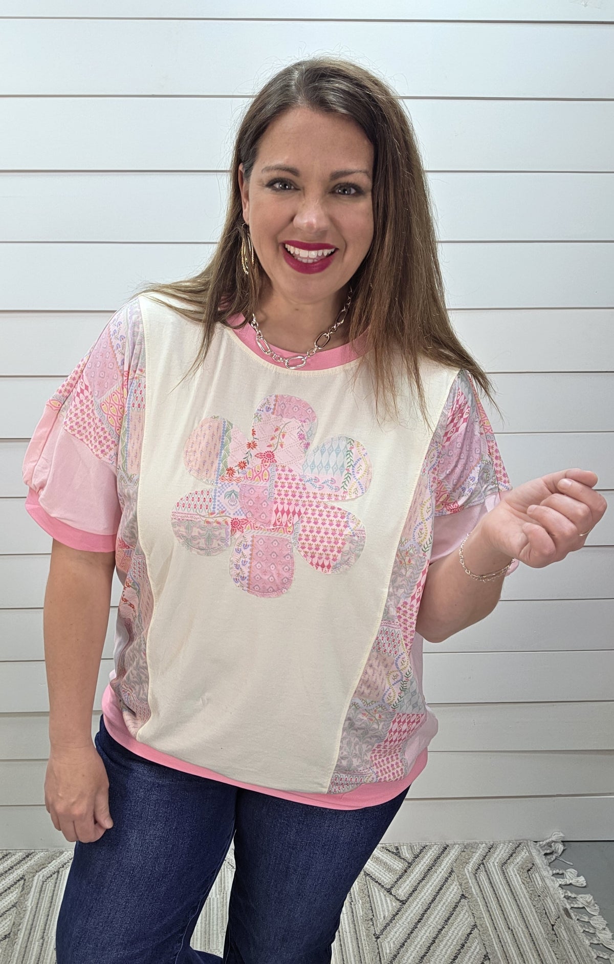 BEIGE/PINK BIG FLORAL PATCHWORK KNIT TOP