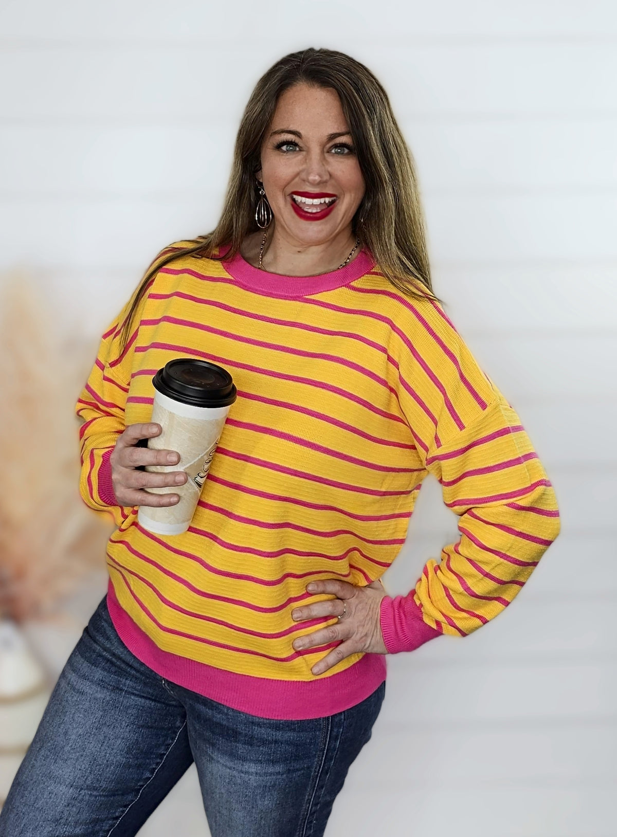 YELLOW/PINK STRIPED KNIT LOOSE TOP