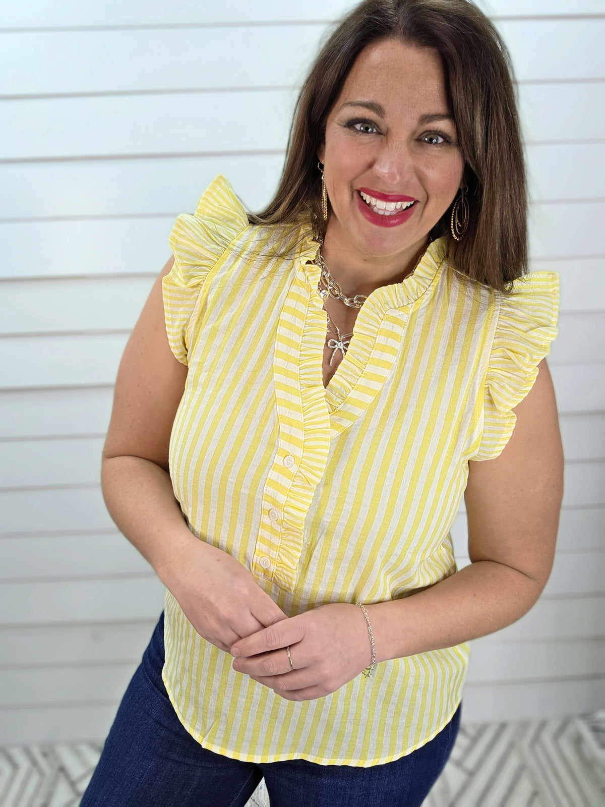 YELLOW VERTICAL STRIPED V NECK HENLEY RUFFLE TRIM TOP