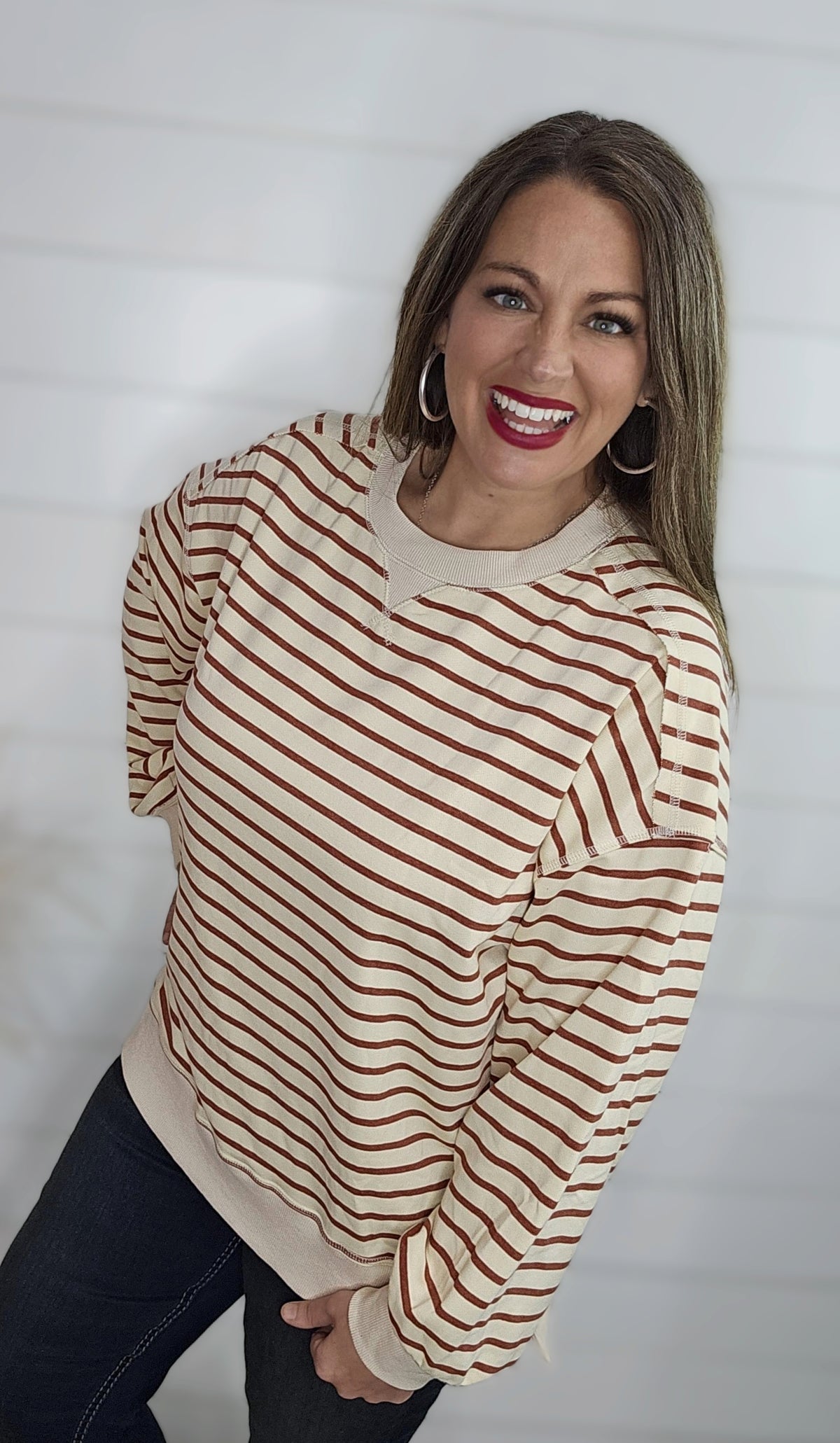 BRICK/BEIGE STRIPED FRENCH TERRY PULLOVER