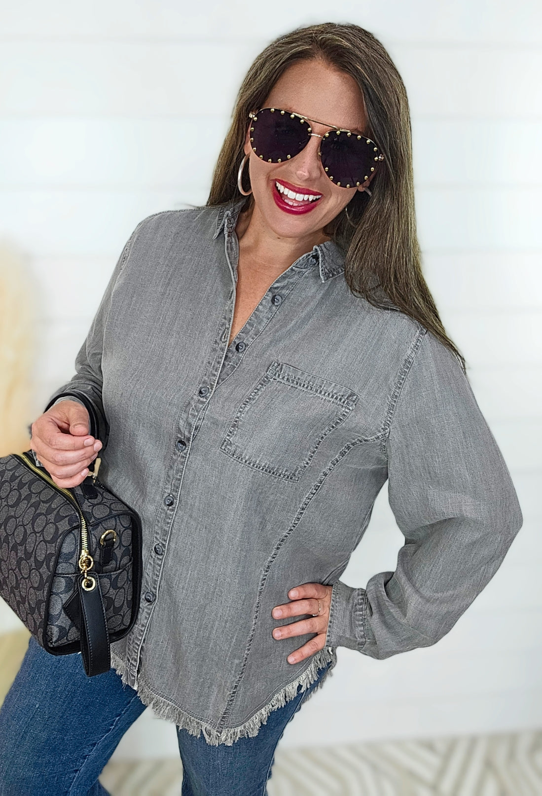 GREY POCKET FRINGE BOTTON TENCIL BUTTON UP