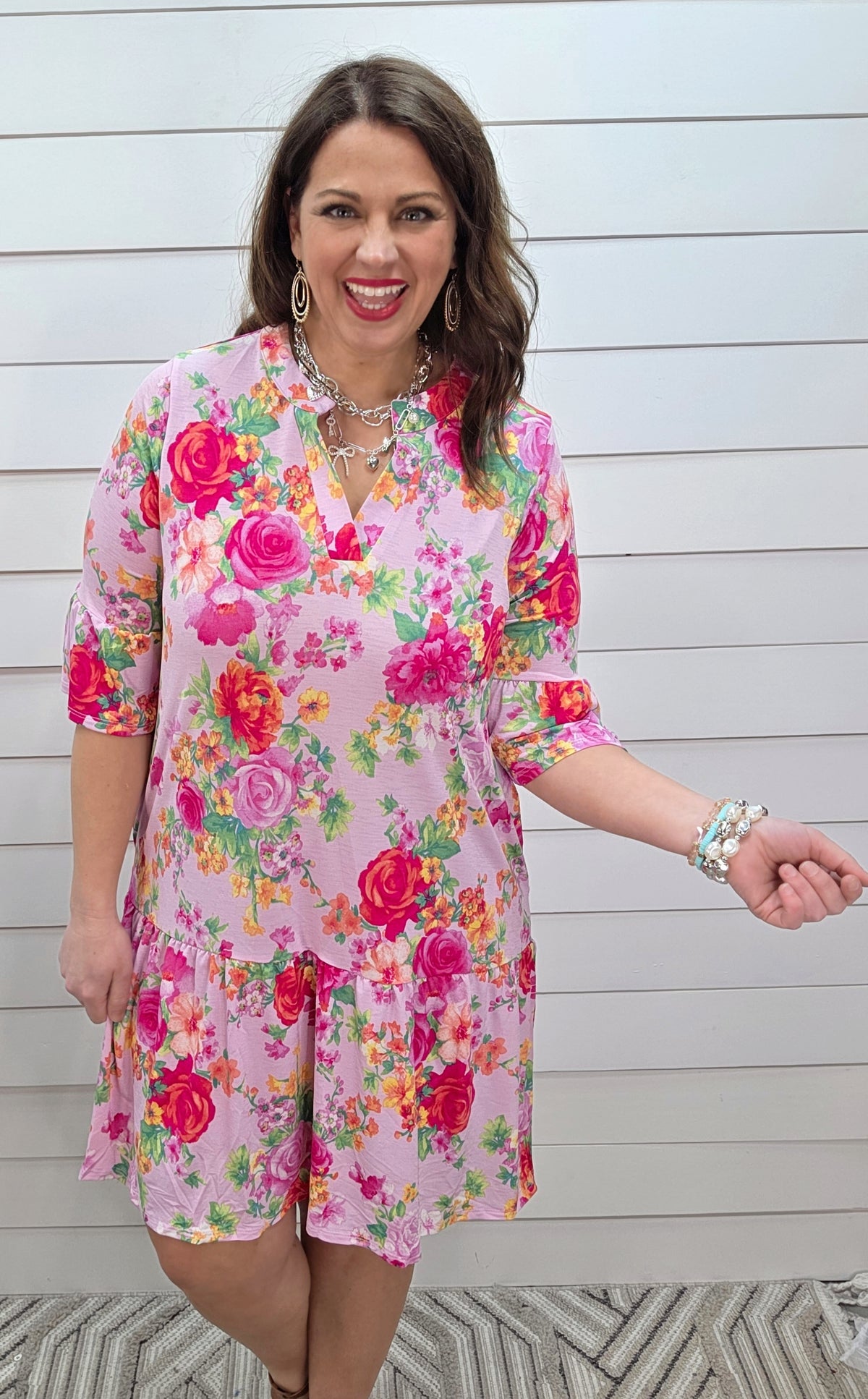 DEAR SCARLETT SUNDAY 3/4 SLEEVE RUFFLE DETAIL DRESS - BLUSH PINK FLORAL