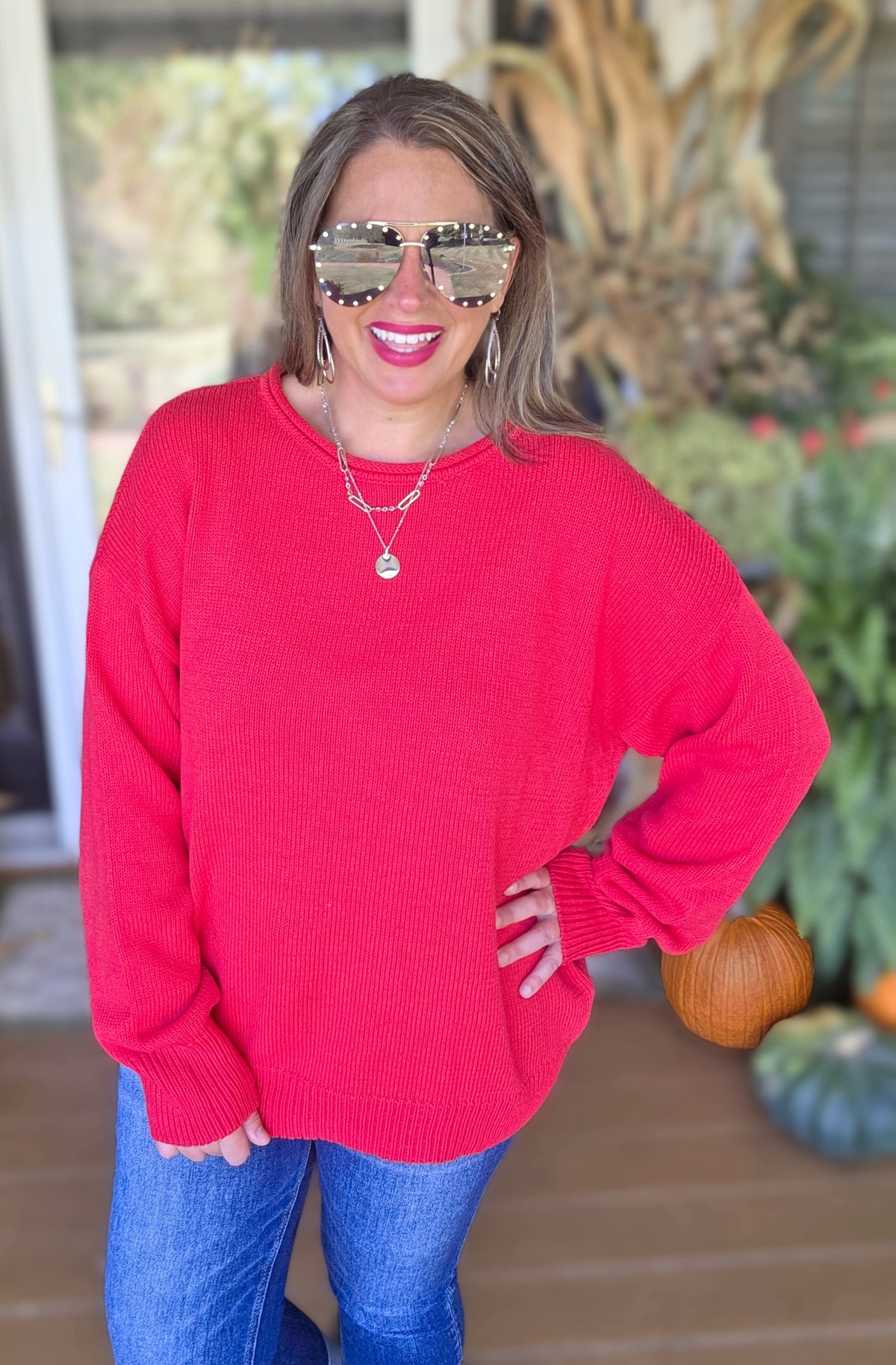 RED COTTON BLEND PULLOVER SWEATER