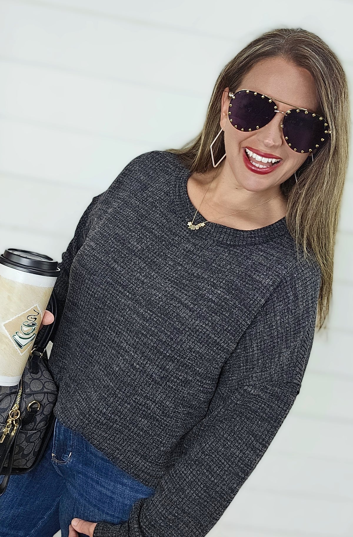 HEATHERED BLACK DROP SHOULDER LONG SLEEVE KNIT TOP