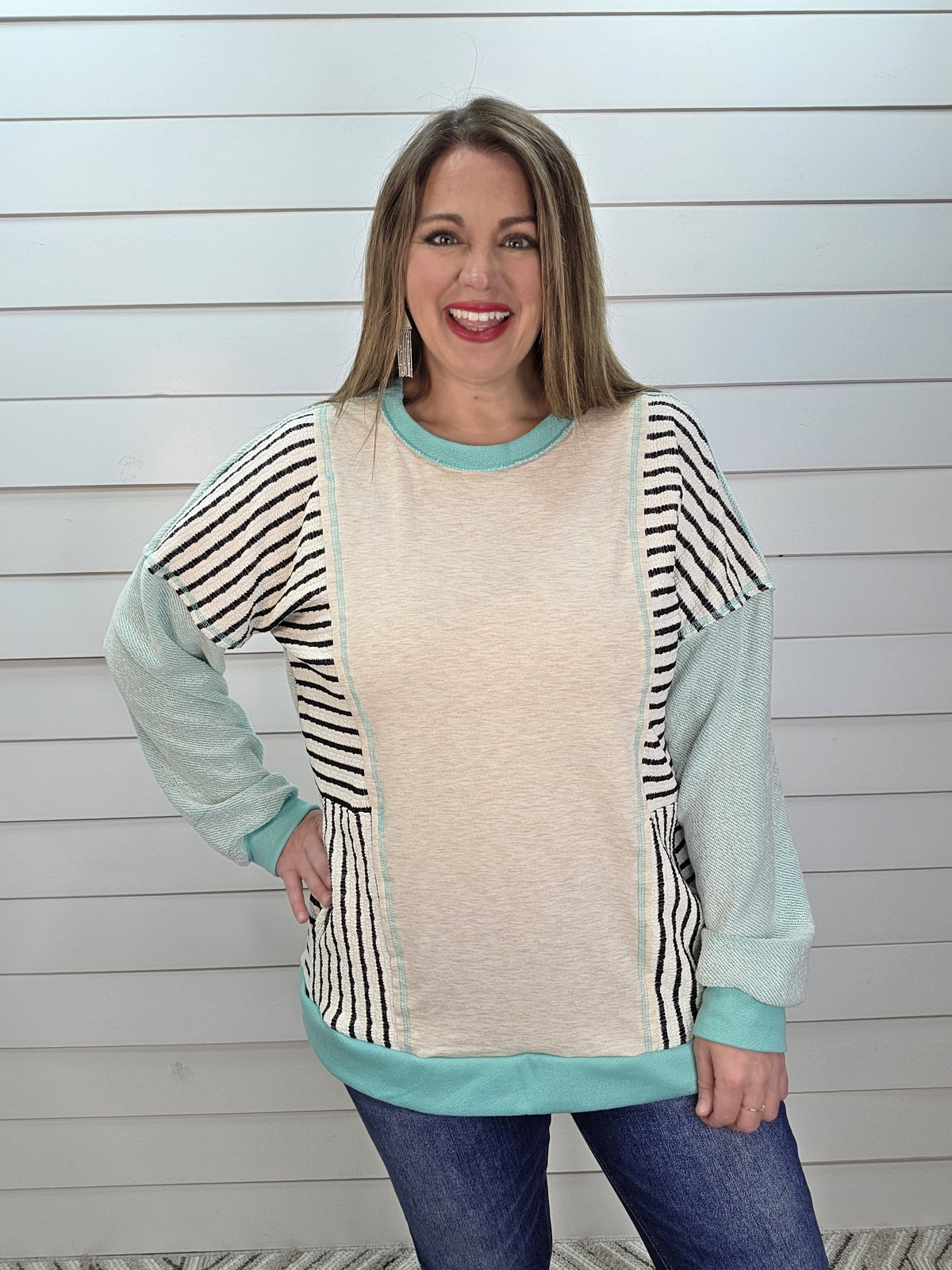 MINT CONTRAST STRIPED KNIT TOP W/ SIDE POCKETS