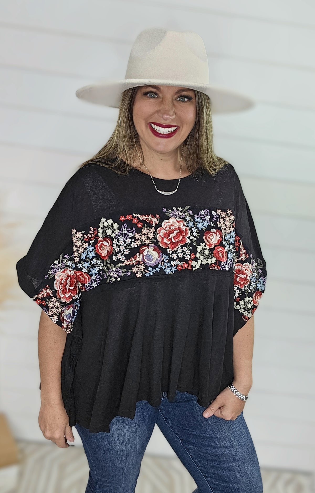 BLACK FLOWY FLORAL EMBROIDERED OVERSIZED TOP