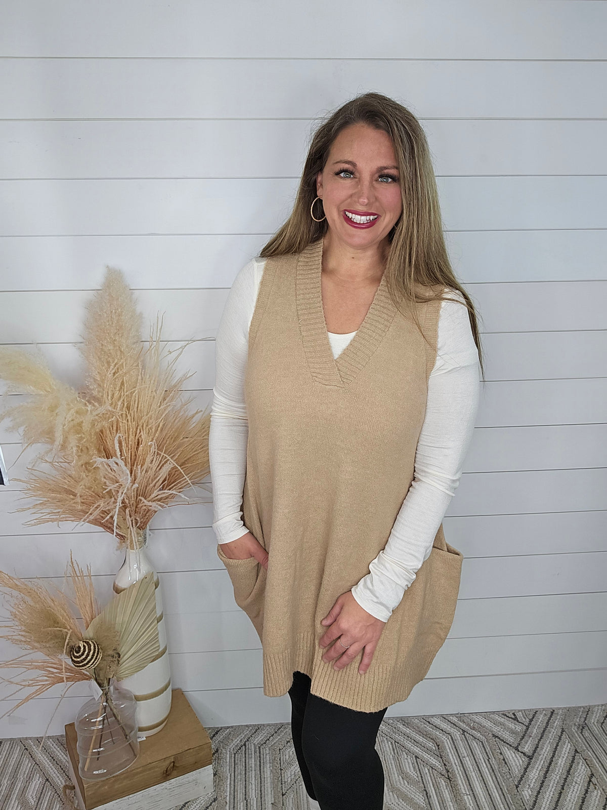 TAUPE OVERSIZED SWEATER VEST TUNIC W/ POCKETS