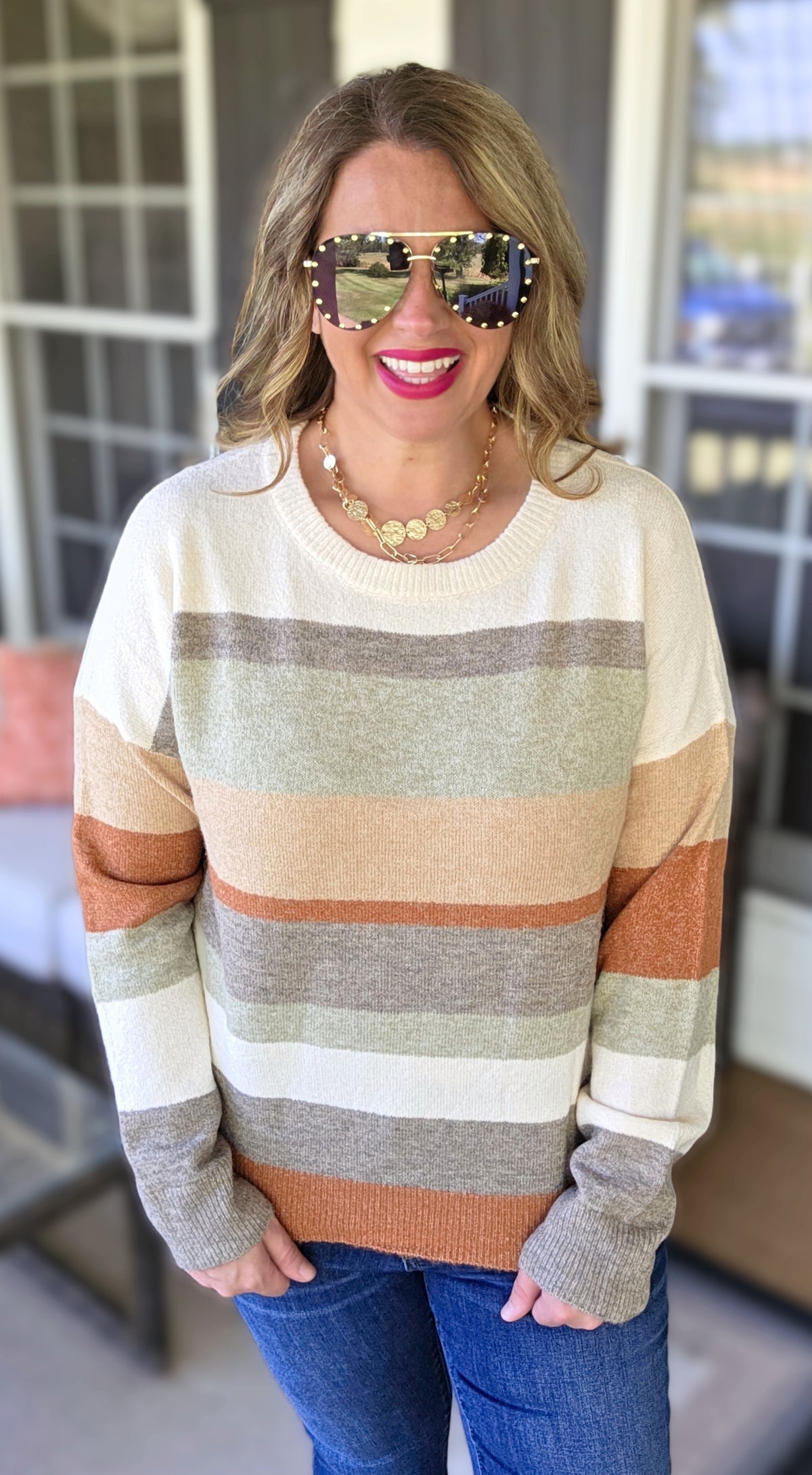 MOCHA/TAUPE/RUST COLORBLOCK KNIT LIGHT WEIGHT SWEATER