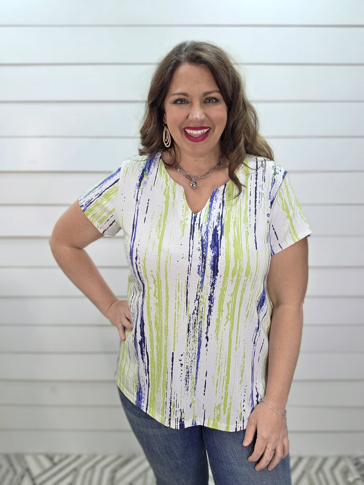 LIME GREEN/NAVY PRINTED V NECK KNIT TOP