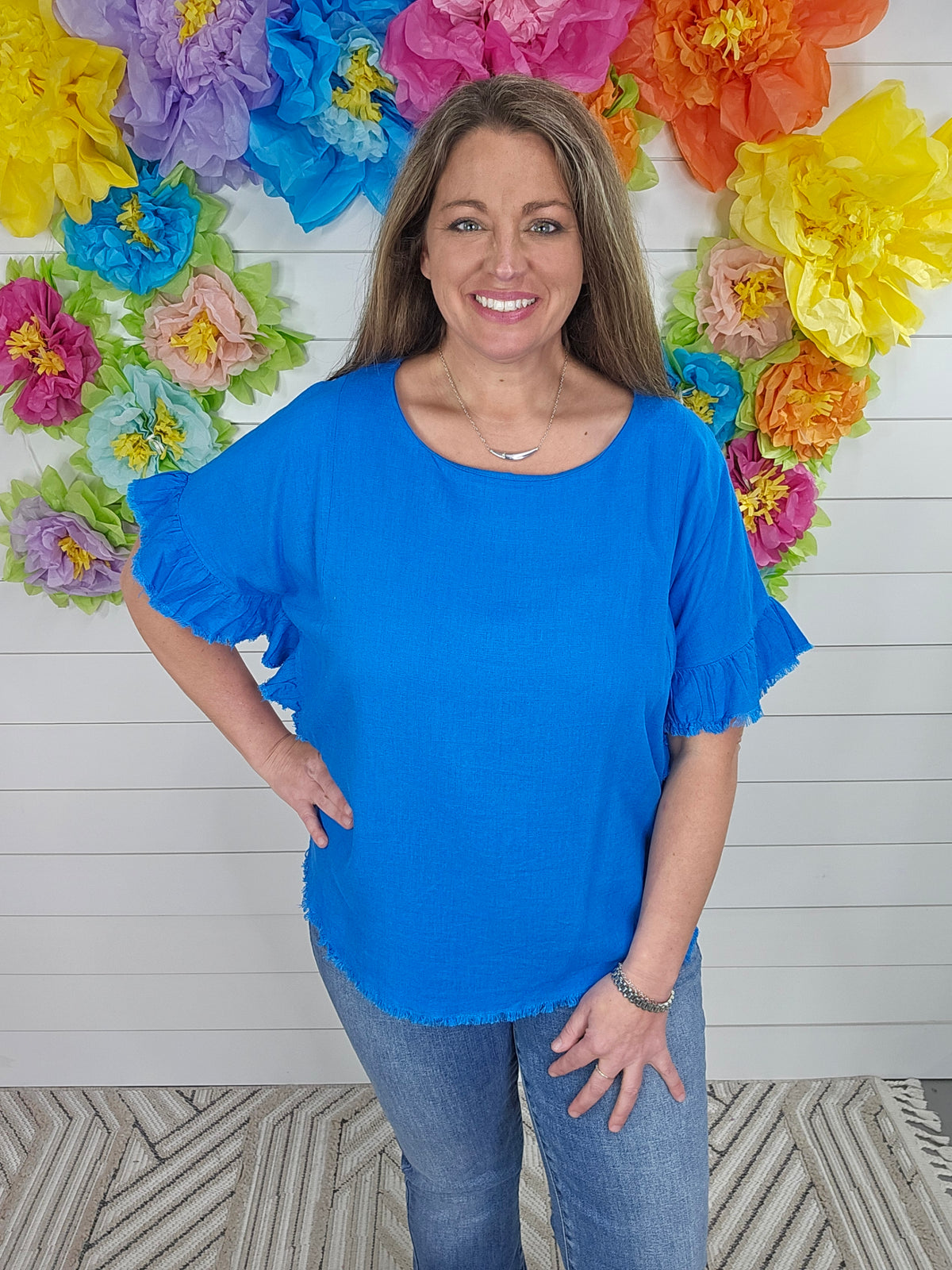 AZURE LINEN BLEND SHORT RUFFLE SLEEVE TOP