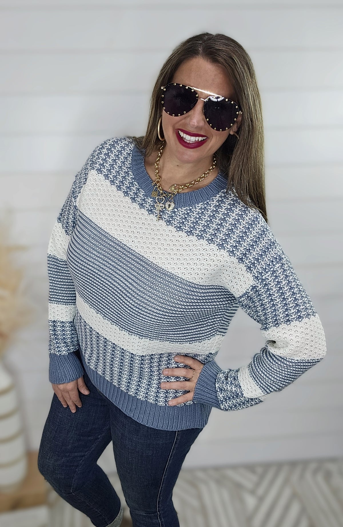 DENIM TEXTURED COLORBLOCK KNIT SWEATER