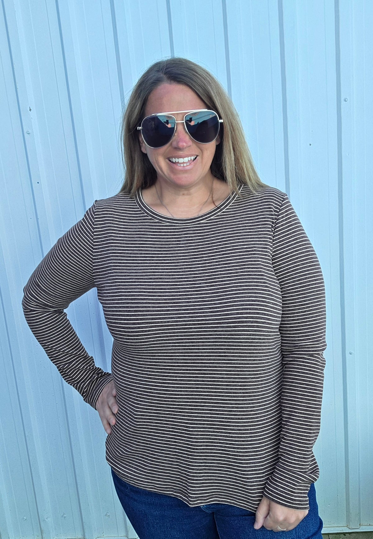 BROWN Crew Neck, Long Sleeve, Basic Striped Jersey Top