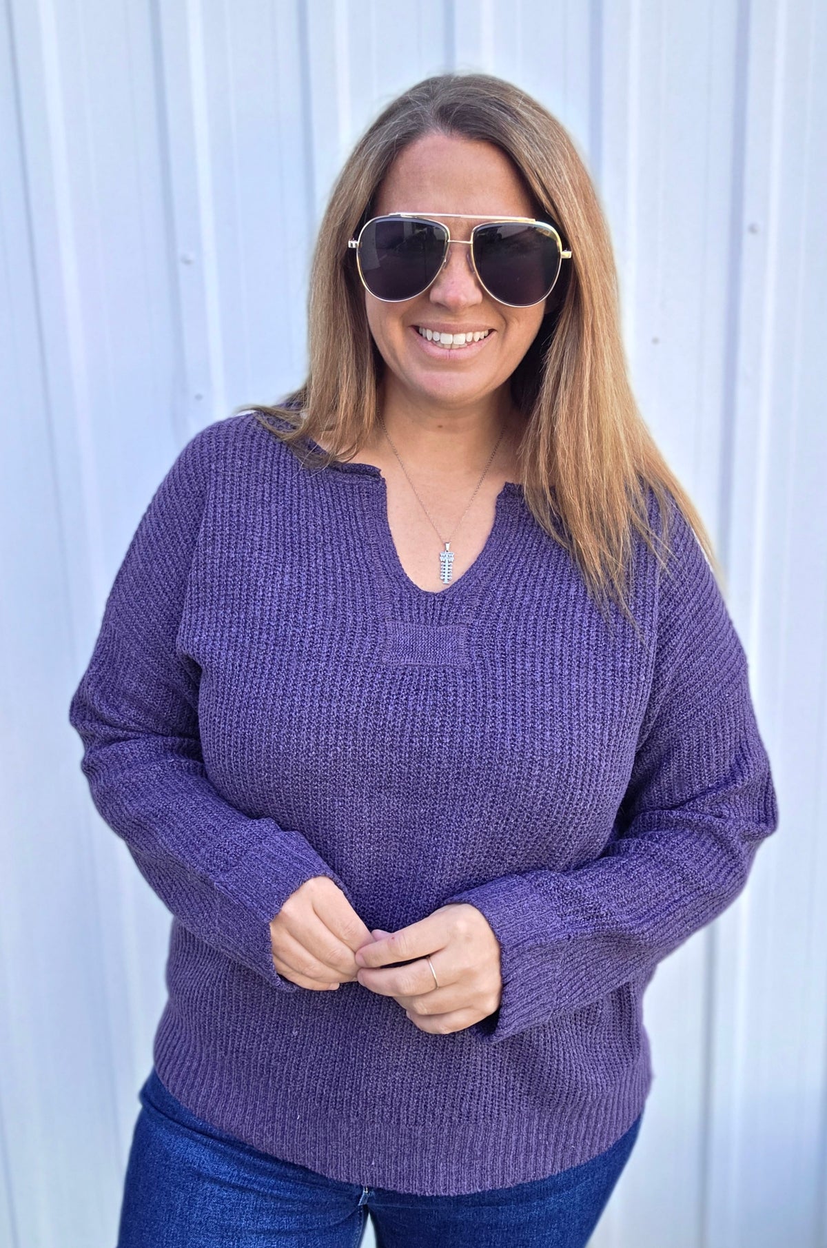 Eggplant Slit Neck With Patch Detail, Long Sleeve, Ribbed, Solid Sweater