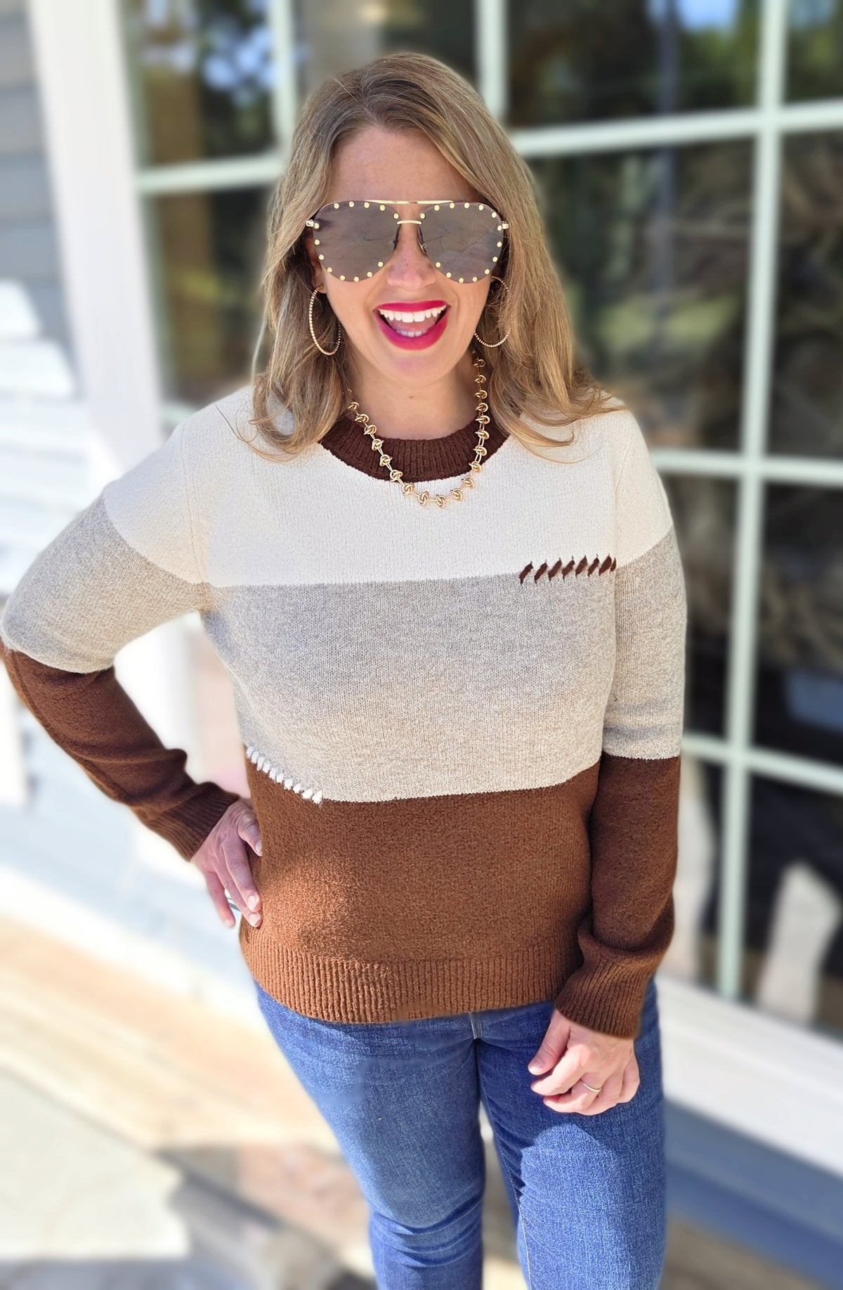 CREAM/GREY/BROWN COLORBLOCK KNIT SWEATER WITH STITCH DETAIL
