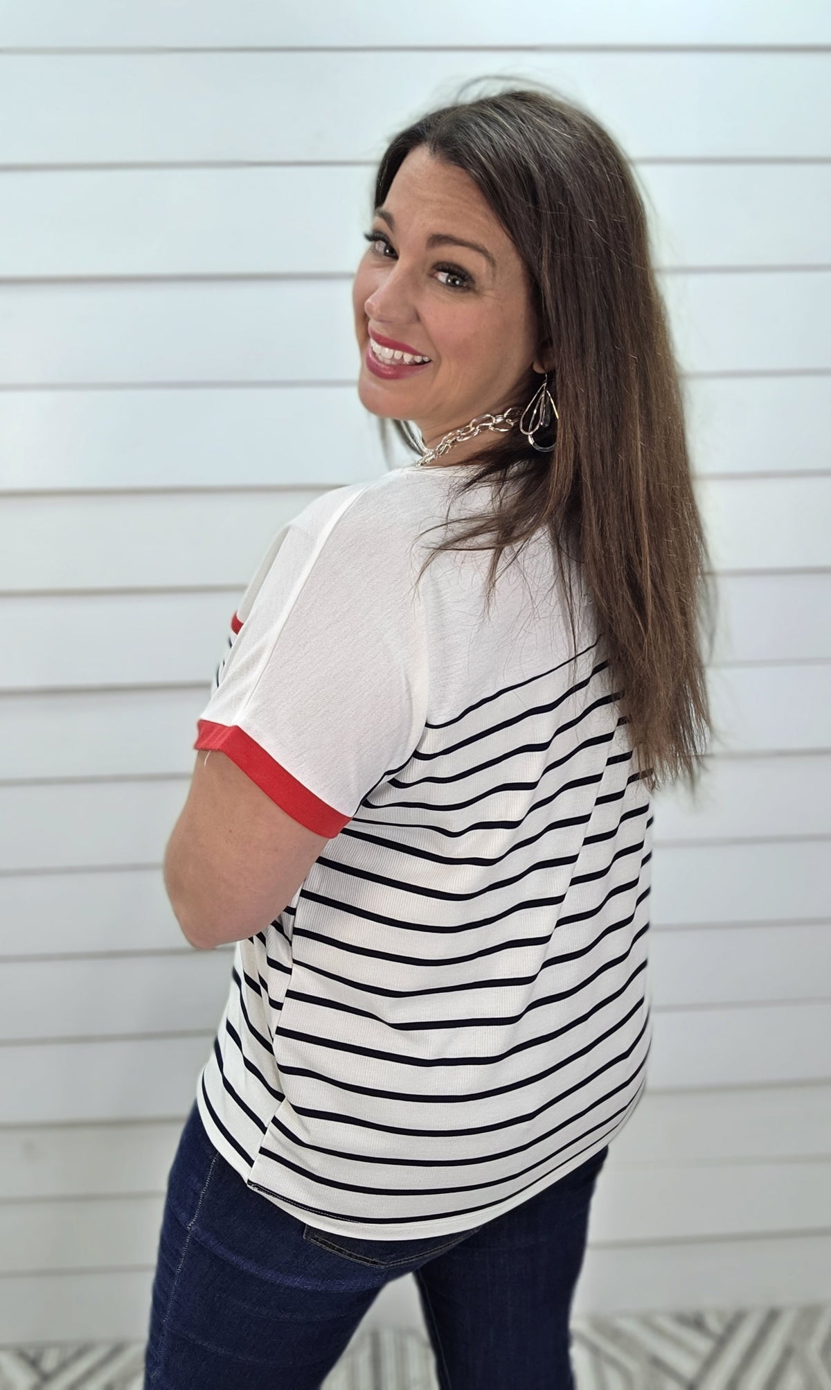 IVORY/NAVY STRIPED COLORBLOCK TOP W/ RED TRIM