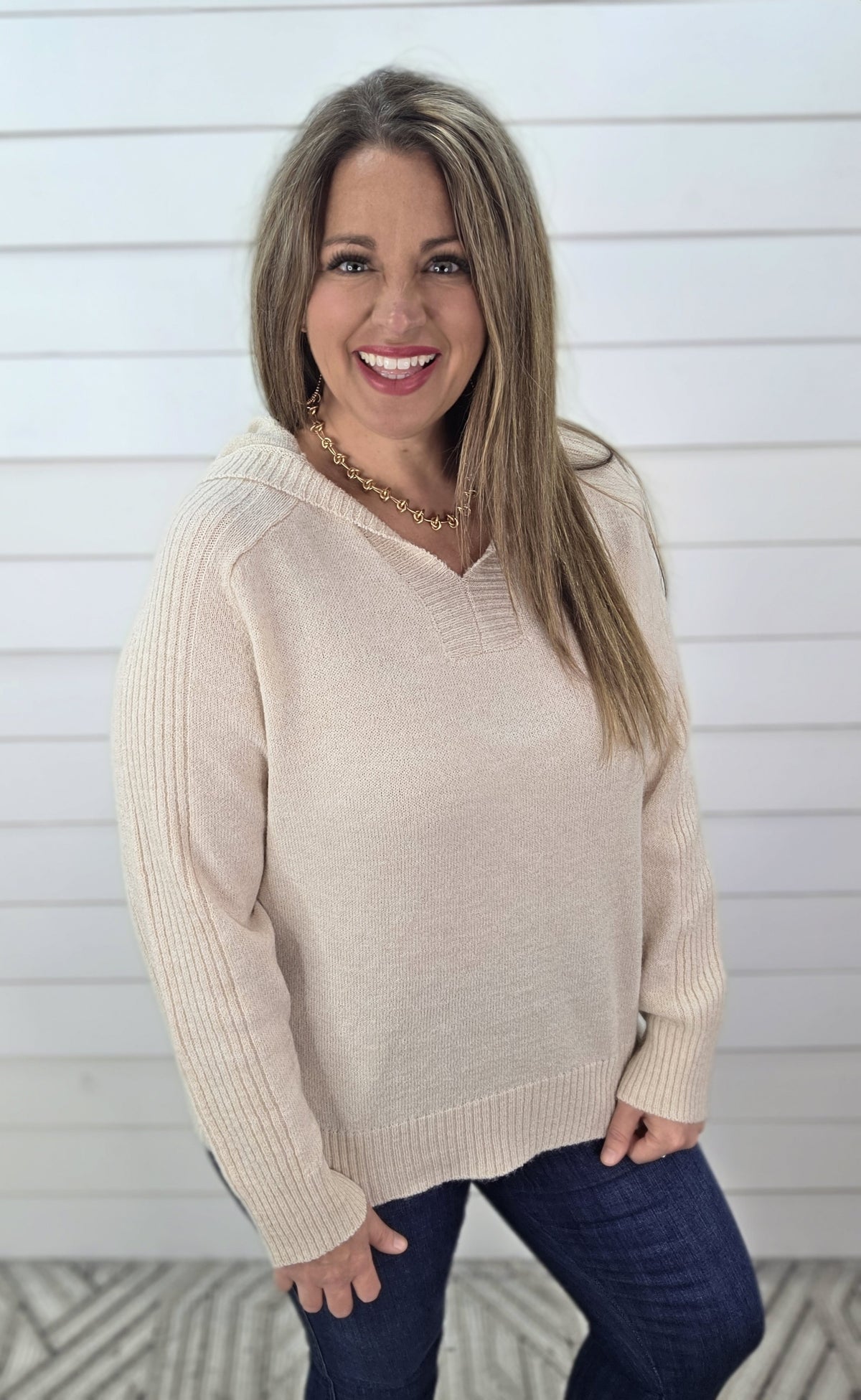 OATMEAL HOODED LIGTH WEIGHT RIBBED CONTRAST SWEATER