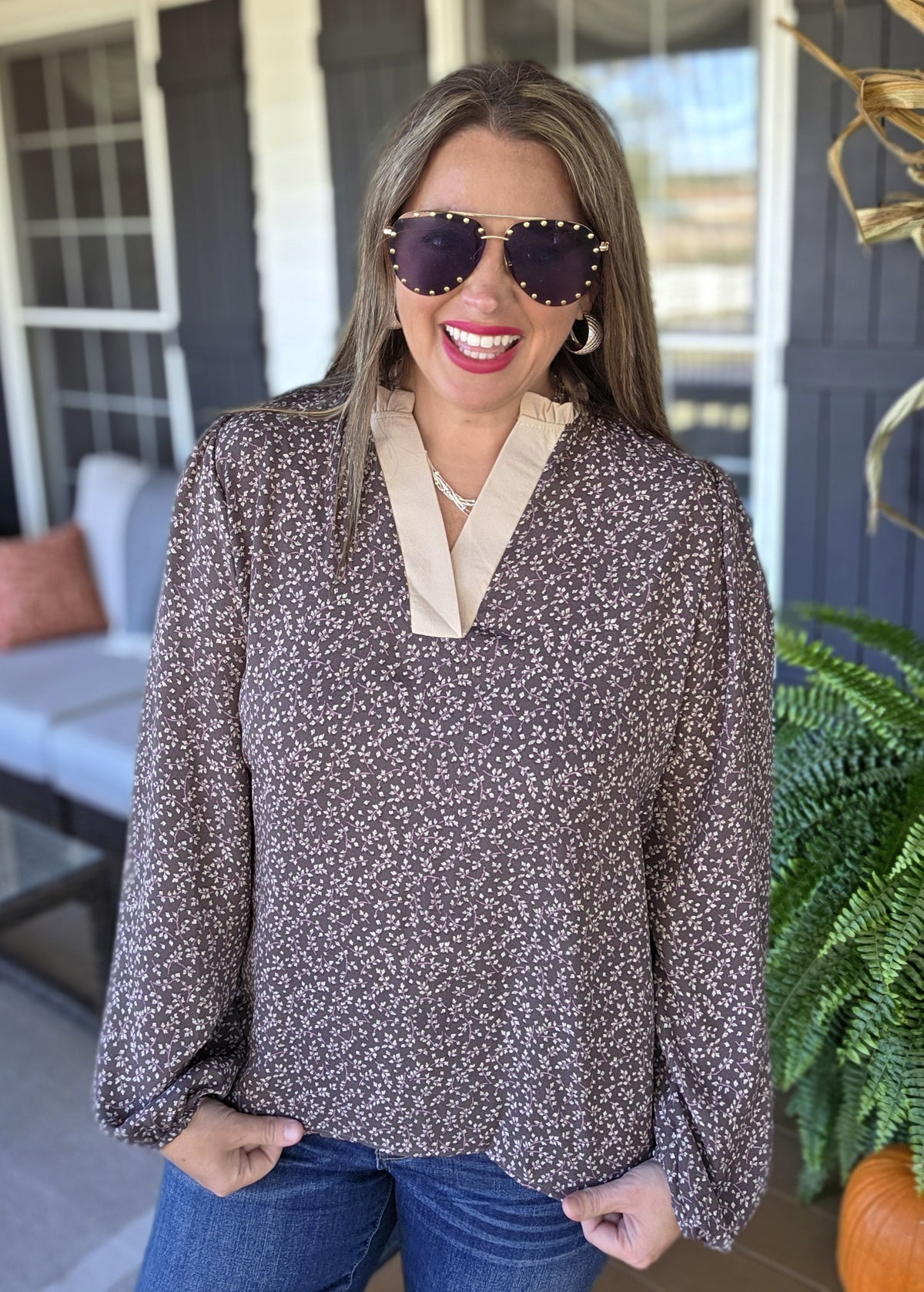 CHARCOAL FLORAL PRINT WOVEN TOP