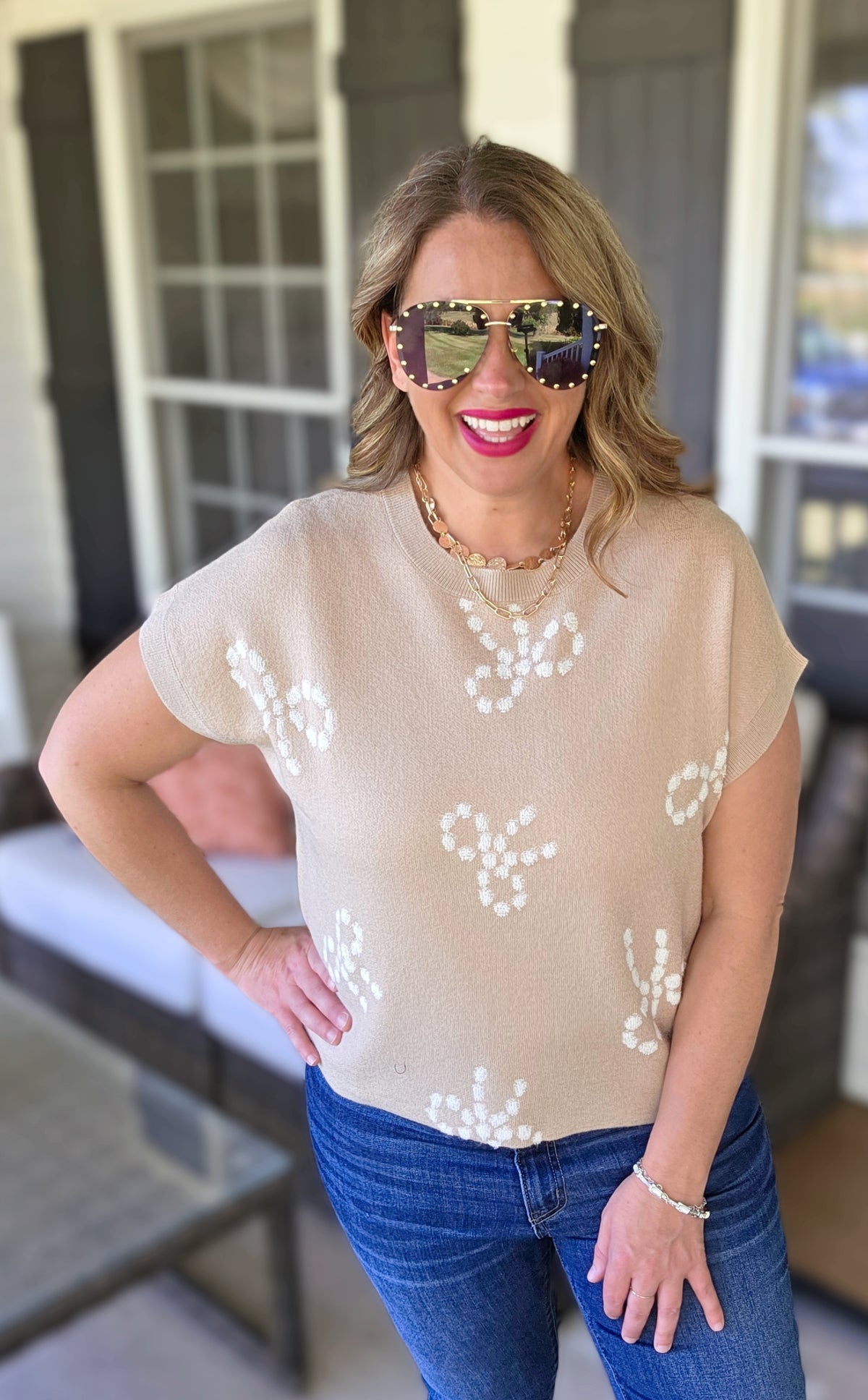 KHAKI BOW PRINT ULTRA SOFT SWEATER VEST