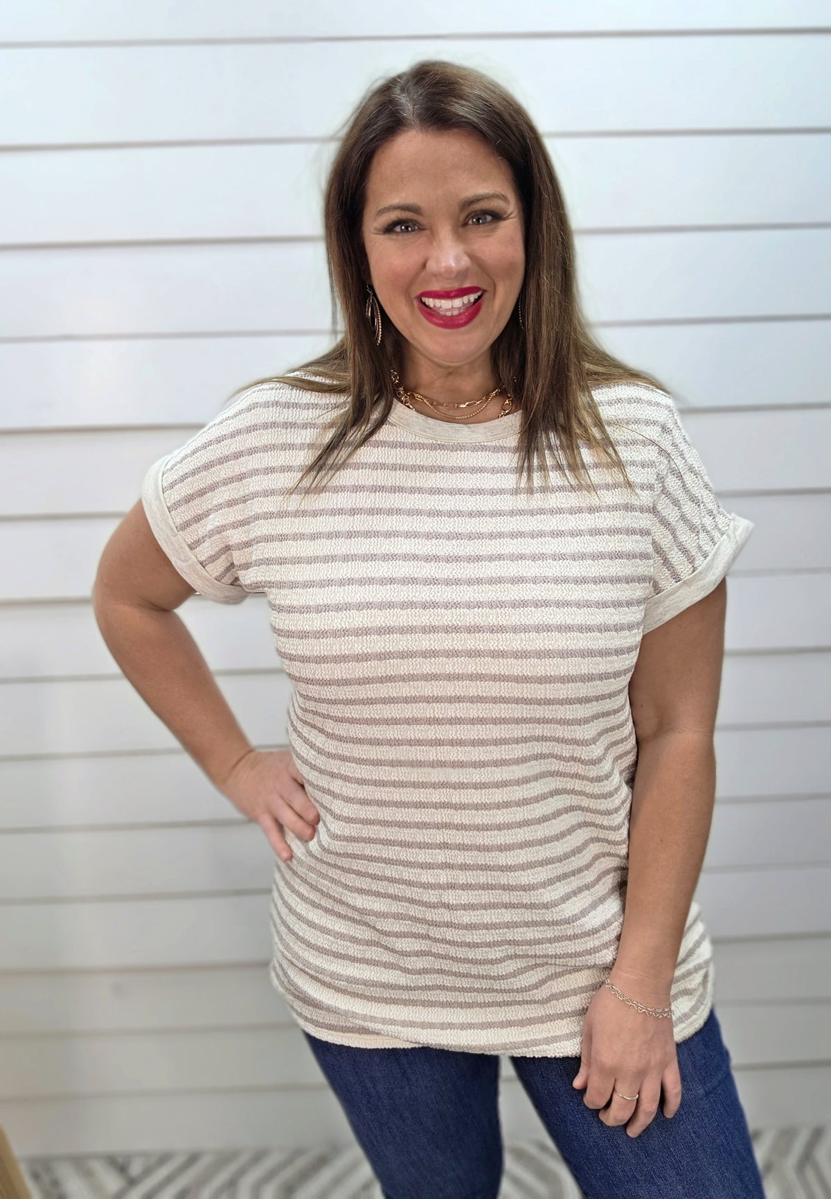 CREAM/TAUPE STRIPED TEXTURED KNIT TOP