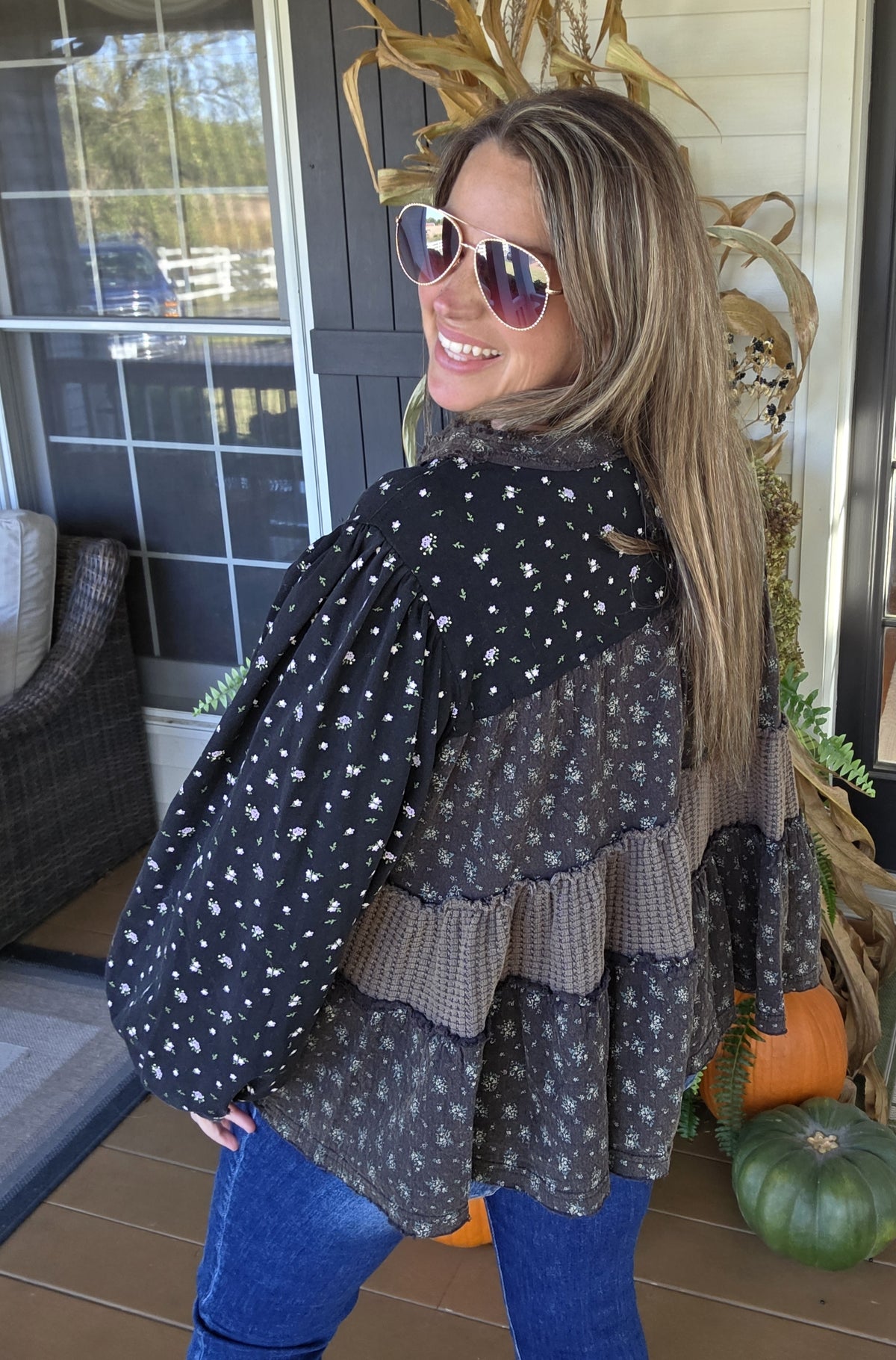 POL BLACK MINERAL WASH OVERSIZED PEARL TRIM TOP