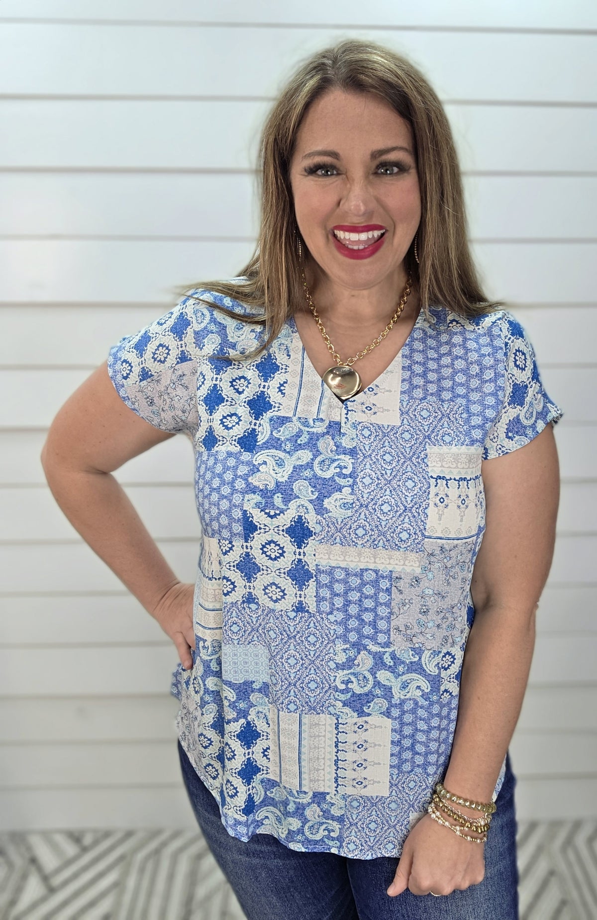 BLUE PATCHWORK WOVEN V NECK TOP